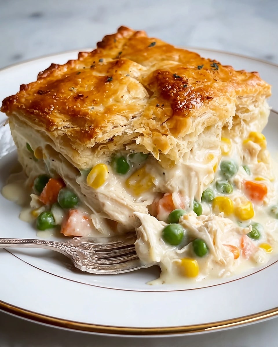 A close-up of a creamy chicken pot pie slice on a white plate with a thin gold rim, showing two main layers: the top layer is golden brown, flaky, and slightly cracked crust, and the bottom layer is a thick white sauce mixed with chunky pieces of white chicken, bright orange carrots, yellow corn, and green peas, all visible under the crust and slightly spilling onto the plate. There is a silver fork on the left side of the plate. The plate sits on a white marbled surface. Photo taken with an iphone --ar 4:5 --v 7