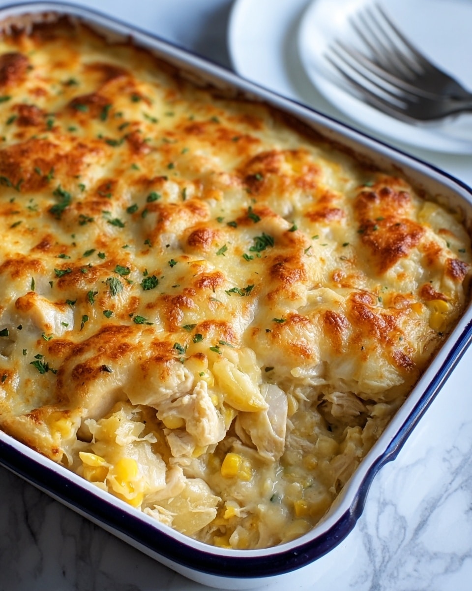 A close-up view of a chicken casserole in a white baking dish with a blue outer edge, showing three main layers: the bottom layer with tender, white chicken pieces, the middle layer made of creamy yellow pasta mixed with cheese sauce, and the top layer covered in golden melted cheese with a slightly browned, bubbly texture and sprinkled with small bits of green herbs. The casserole is thick and creamy with a soft, smooth surface under the browned cheese crust. The dish rests on a white marbled textured surface. Photo taken with an iphone --ar 4:5 --v 7