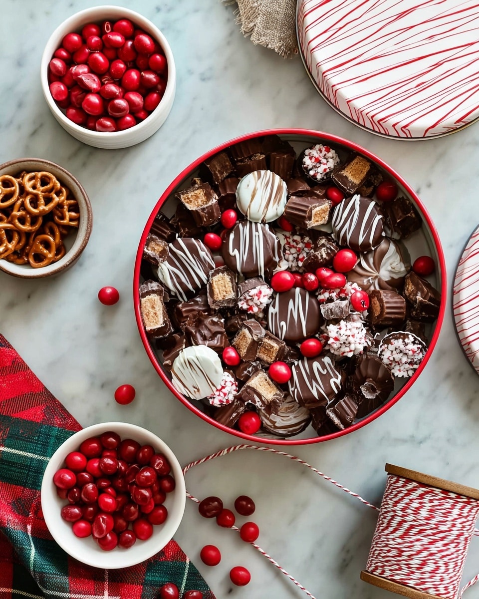A white round tin filled with various chocolate treats including chocolate-covered pretzels drizzled with white chocolate, mini peanut butter cups, red candy pieces scattered throughout, and a few chocolate clusters. The tin has a red and white striped edge. Around the tin on a white marbled texture are two small white bowls, one filled with mini peanut butter cups and the other filled with red candies. Nearby are two white round lids, one striped red and white and the other plaid red and green, along with a wooden spool with white ribbon featuring red stripes and some scattered red candies. photo taken with an iphone --ar 4:5 --v 7