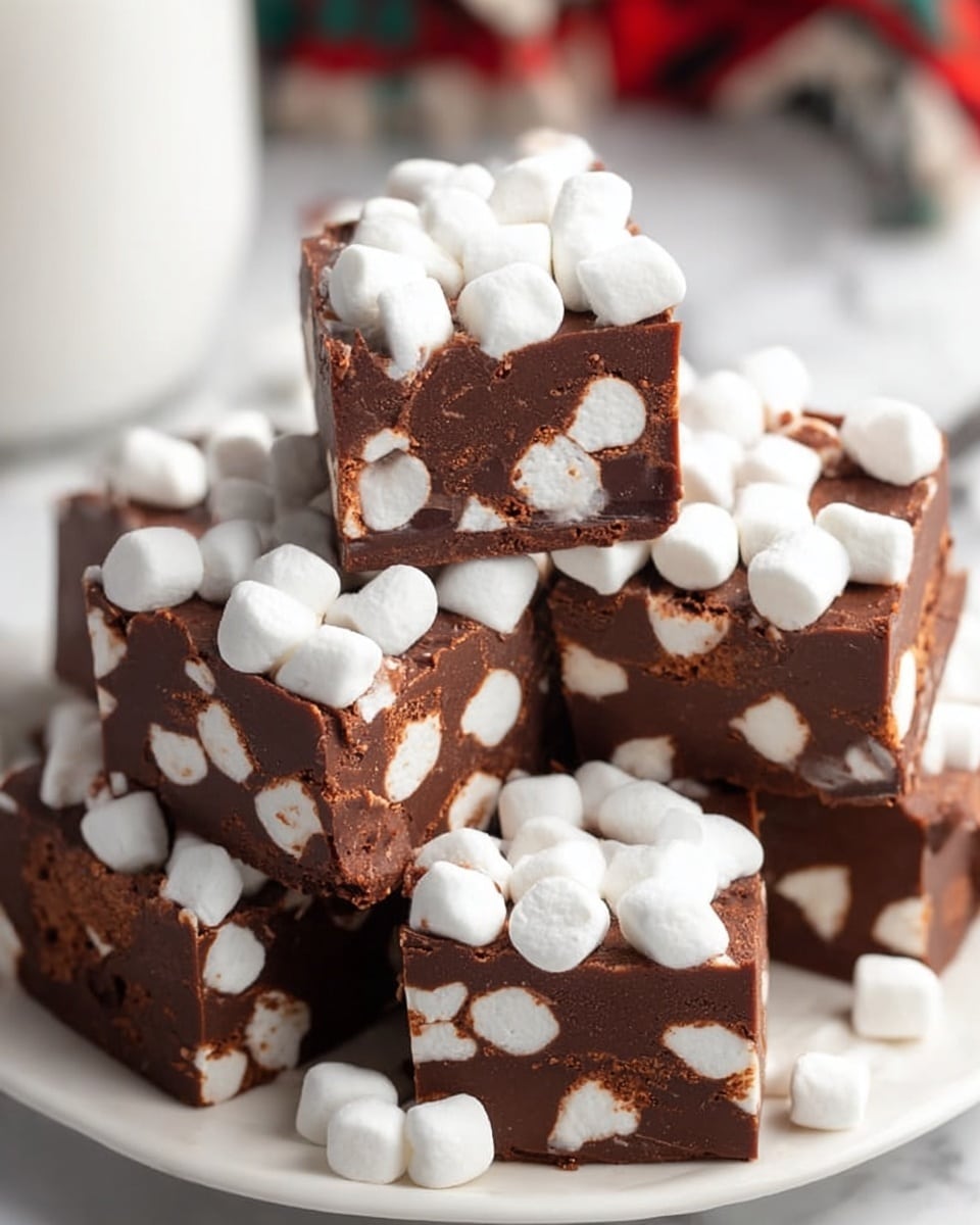 The image shows several square pieces of chocolate fudge stacked on a white plate. Each piece has a smooth, dark brown chocolate base with many white mini marshmallows embedded inside and on top. The marshmallows are unevenly shaped and scattered, creating a contrast of fluffy white against the dense chocolate. The plate sits on a white marbled surface, with soft lighting highlighting the shiny texture of the fudge and the softness of the marshmallows. Photo taken with an iphone --ar 4:5 --v 7