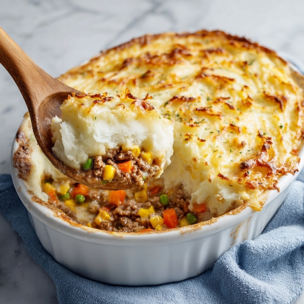 A white oval casserole dish filled with a baked dish that has a top layer of melted golden-yellow cheese, slightly browned in some spots with a few small green herb sprinkles scattered on top. The cheese layer looks smooth and creamy, covering a thicker, lighter, and fluffy layer beneath it that is visible near the edges. The dish sits on a flat surface with a white marbled texture. photo taken with an iphone --ar 4:5 --v 7