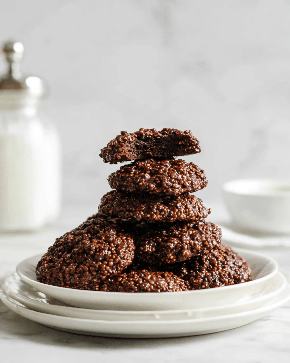 A white plate with two stacked layers holds a pile of dark brown cookies textured with small round bits, stacked in a loose pyramid shape; the top cookie is broken in half, showing a dense, moist inside filled with the same small bits. The plate rests on another white plate with a delicate pattern, all set on a white marbled surface. In the blurred background, a white bottle with a silver lid and a small glass container with a metal top are visible. Photo taken with an iphone --ar 4:5 --v 7