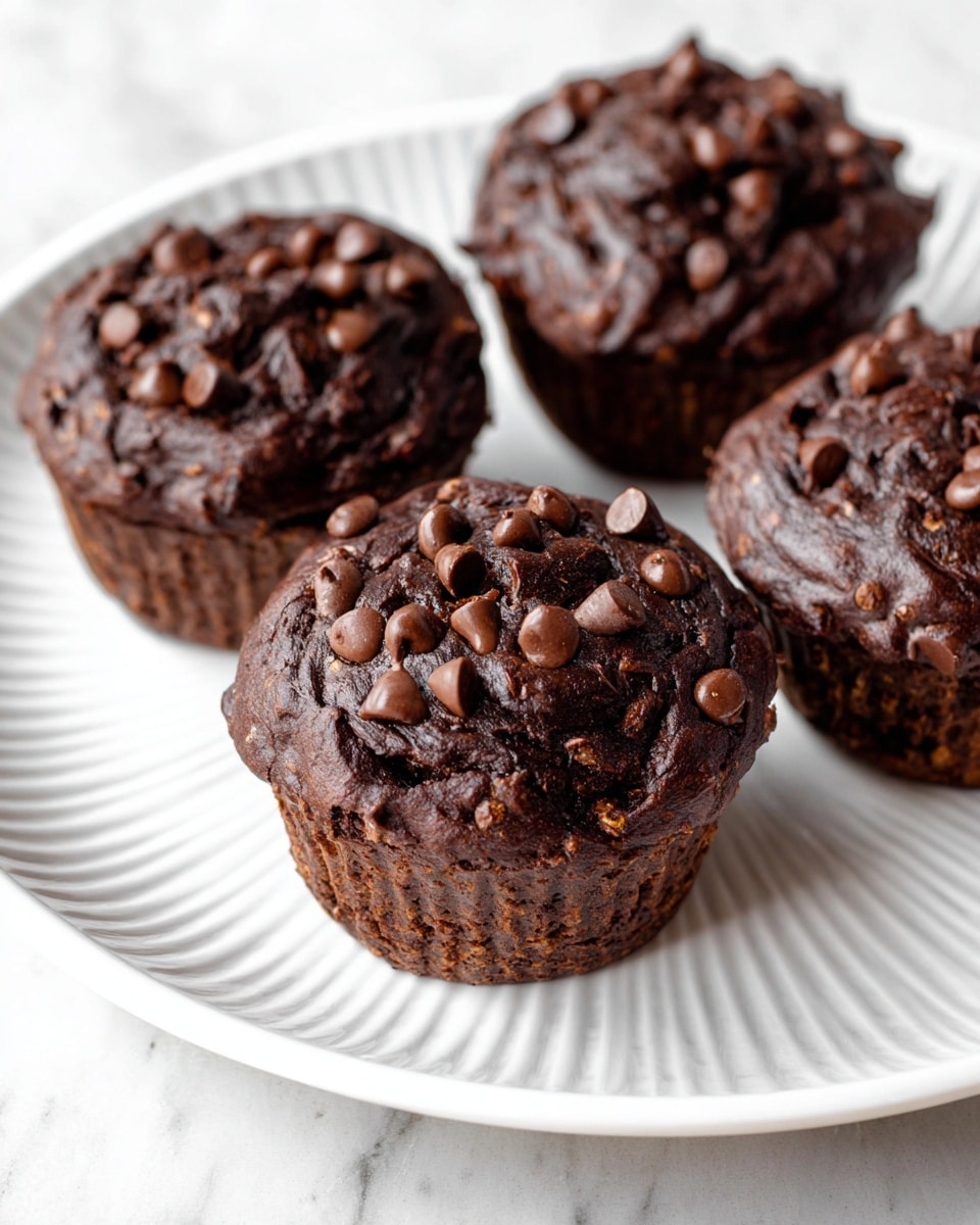 Five chocolate muffins sit on a white plate with ridged edges, each topped with a thick layer of dark chocolate frosting studded with many small, shiny chocolate chips. The muffins have a rich, textured surface with swirls and bits of chips spread evenly on top. The plate sits on a white marbled surface, surrounded by scattered chocolate chips and part of a striped cloth visible at the bottom left. Photo taken with an iphone --ar 4:5 --v 7