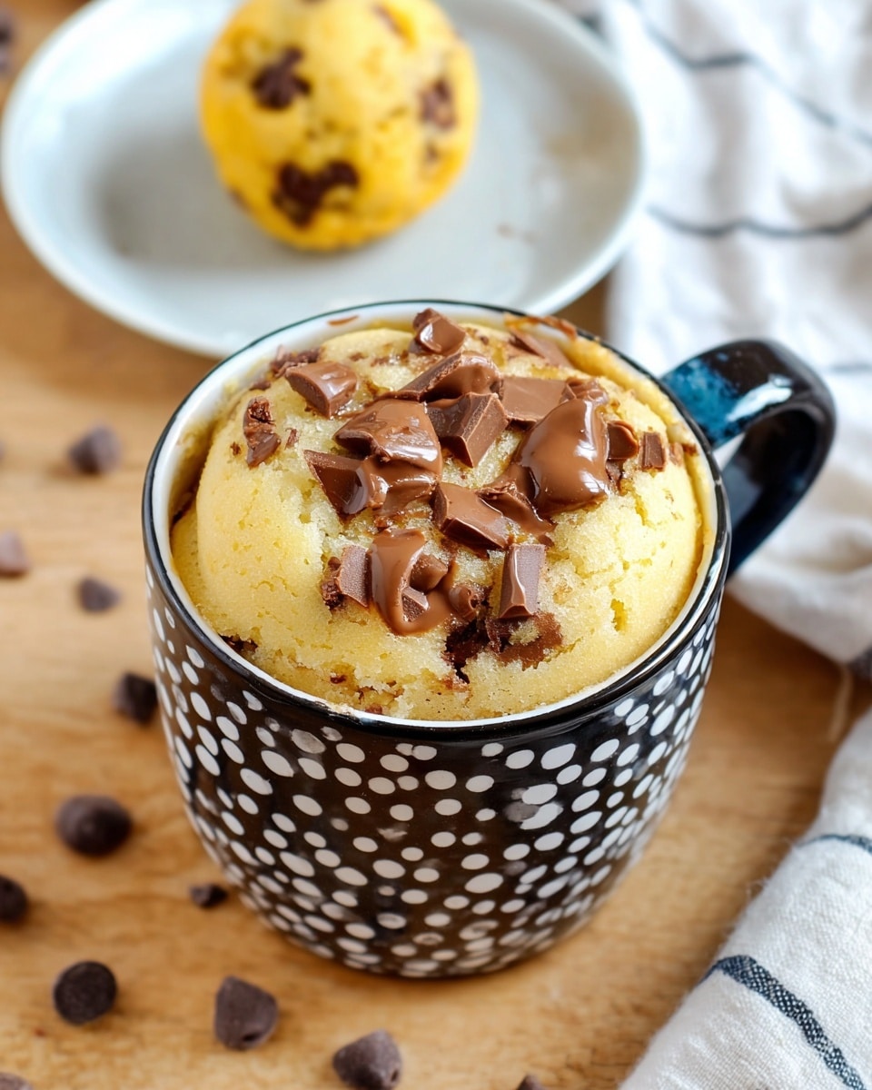 The image shows a close-up of a single-layer mug cake in a black and white patterned mug. The cake is golden brown with a soft, slightly crumbly texture and is topped with pieces of melted milk chocolate that spread unevenly across the surface. In the background, there is a small white plate holding a round yellow cake ball with chocolate chunks embedded in it. The setting is on a light brown wooden surface with a few scattered chocolate chips, and a white and black striped cloth is partially visible on one side. The overall scene is bright and warm. photo taken with an iphone --ar 4:5 --v 7