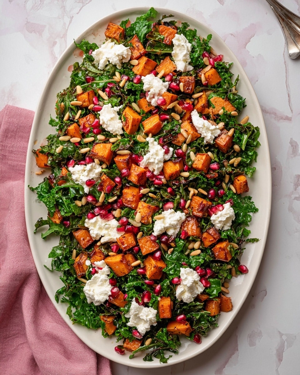A white oval plate filled with a colorful salad showing four main layers: a base of fresh dark green arugula leaves with a slight shine, topped with orange roasted sweet potato cubes that have a glossy finish, scattered bright red pomegranate seeds adding pops of color, and dollops of soft white cheese spread unevenly across the top. Small toasted pine nuts are sprinkled over the entire salad, adding texture and light brown spots. The plate sits on a soft pink cloth on a white marbled surface, with part of a bowl filled with pine nuts visible on the side. Photo taken with an iphone --ar 4:5 --v 7
