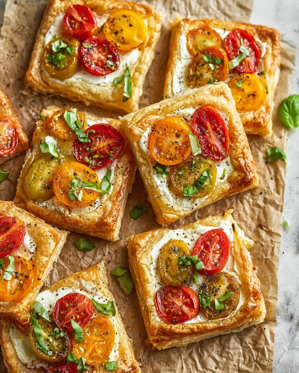 The image shows a group of square-shaped puff pastries with three main layers: a golden brown flaky crust forming the base and edges, a thick creamy white cheese layer spread evenly inside the crust, and a topping of halved cherry tomatoes in red, yellow, and orange colors placed on the cheese. The tomatoes are sprinkled with black pepper and finely chopped fresh green basil leaves, adding texture and color contrasts. The pastries are placed closely together on a sheet of parchment paper over a wooden board, all set on a white marbled texture. Photo taken with an iphone --ar 4:5 --v 7