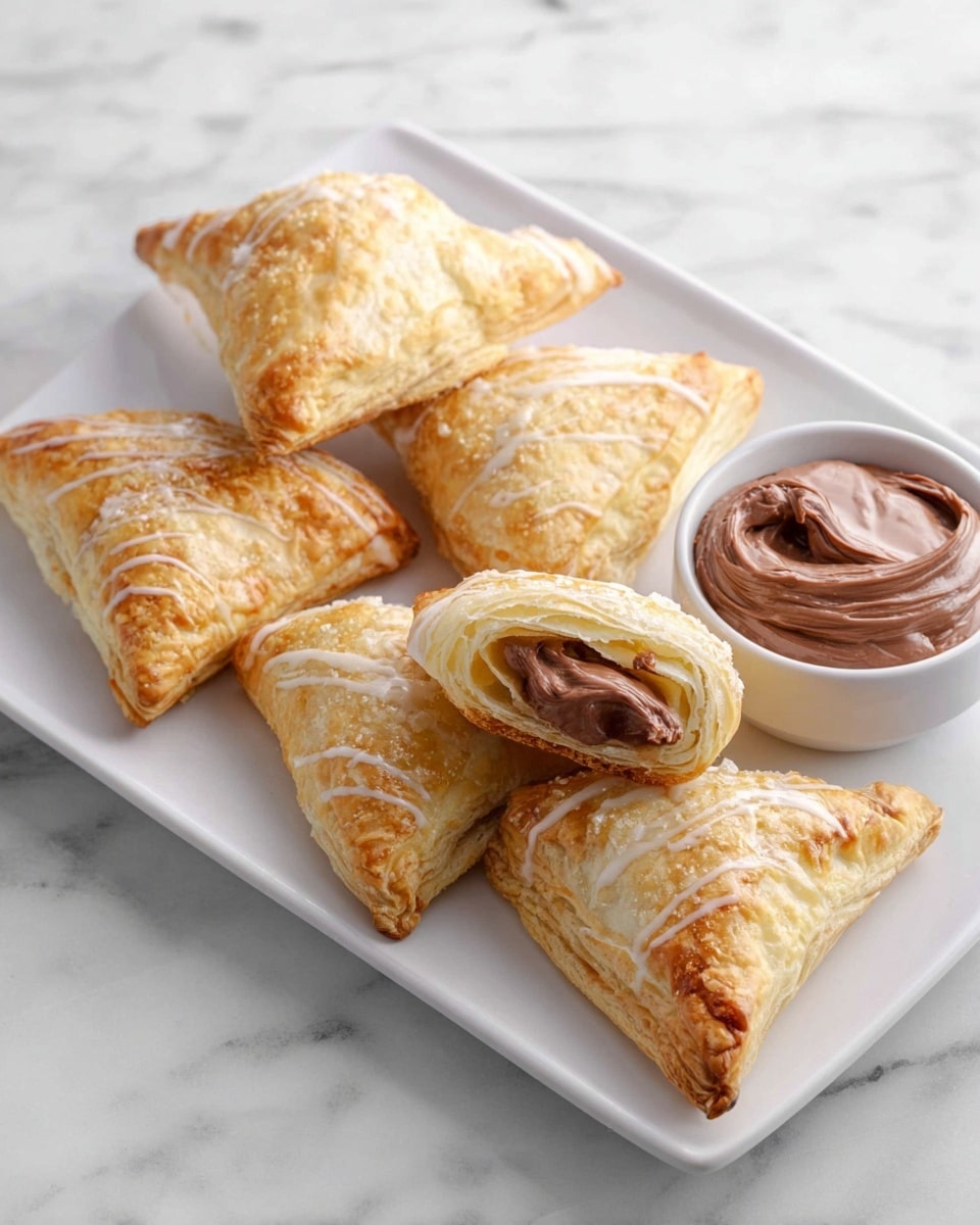 A white rectangular plate sits on a white marbled surface, holding seven golden-brown triangular puff pastries with lightly flaky textures. Two of the pastries at the front are open, revealing soft, creamy chocolate inside, one piece with chocolate spread visible on the inside surface. In front of these pastries, a small white bowl is filled with smooth, glossy chocolate spread. The pastries show layers of crisp pastry with a light shine on top, some drizzled with faint white icing. photo taken with an iphone --ar 4:5 --v 7
