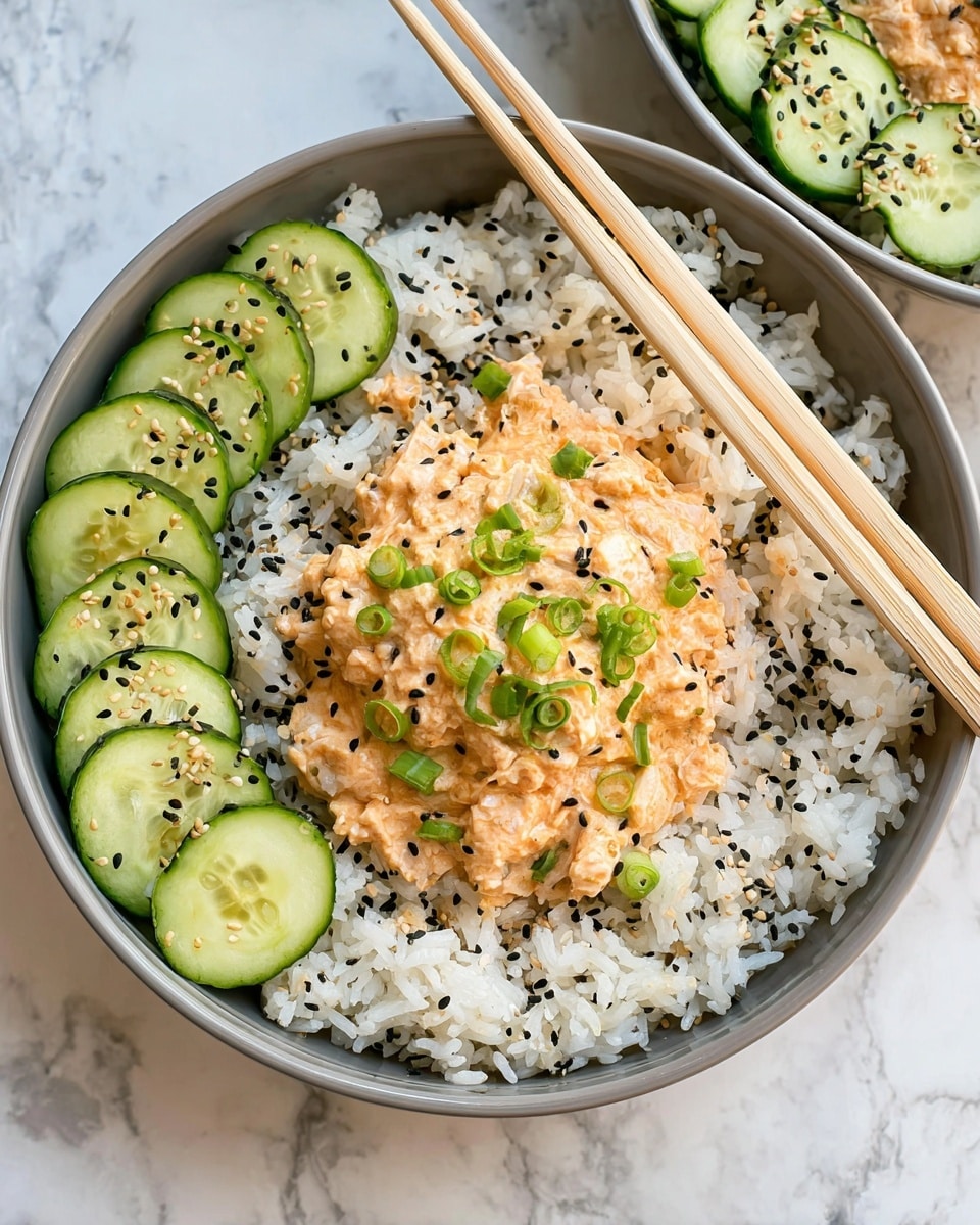 The image shows a white bowl filled with three clear layers: the bottom layer is light-colored rice with black and white sesame seeds mixed in, the middle layer is a creamy, light pink tuna salad topped with small pieces of green onion scattered in the center, and the top layer is several green cucumber slices arranged neatly in a row on one side sprinkled with both black and white sesame seeds. A pair of light brown wooden chopsticks rests diagonally on the edge of the bowl. The bowl is set on a white marbled surface. Photo taken with an iphone --ar 4:5 --v 7