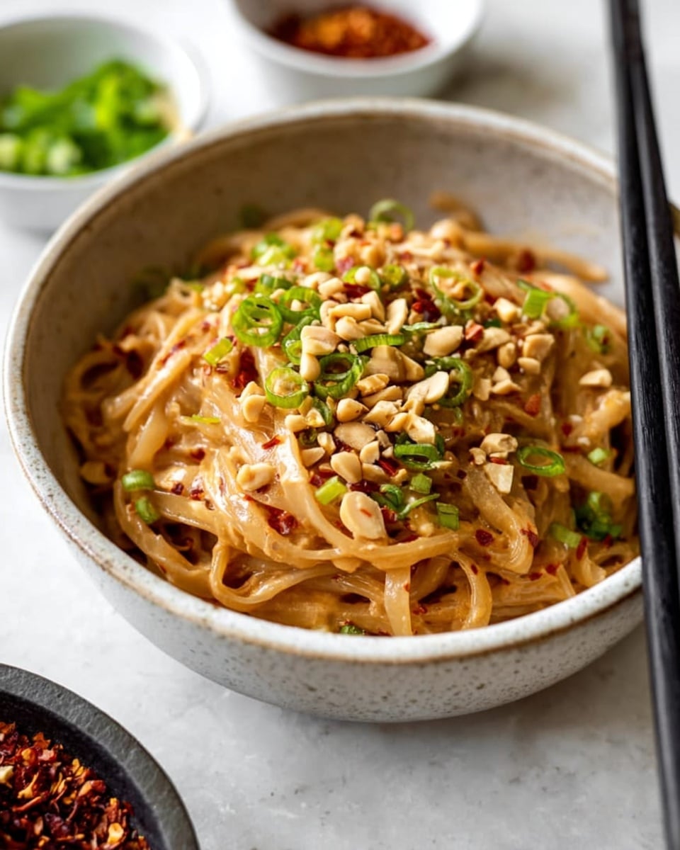 A bowl filled with thick, creamy noodles coated in a light brown sauce, topped with sprinkled red chili flakes, chopped green onion slices adding a fresh green touch, and roughly chopped peanuts providing crunchy texture; black chopsticks rest on the side of the bowl; the bowl is white with a speckled texture and sits on a white marbled surface, with blurred bowls of ingredients in the background. photo taken with an iphone --ar 4:5 --v 7