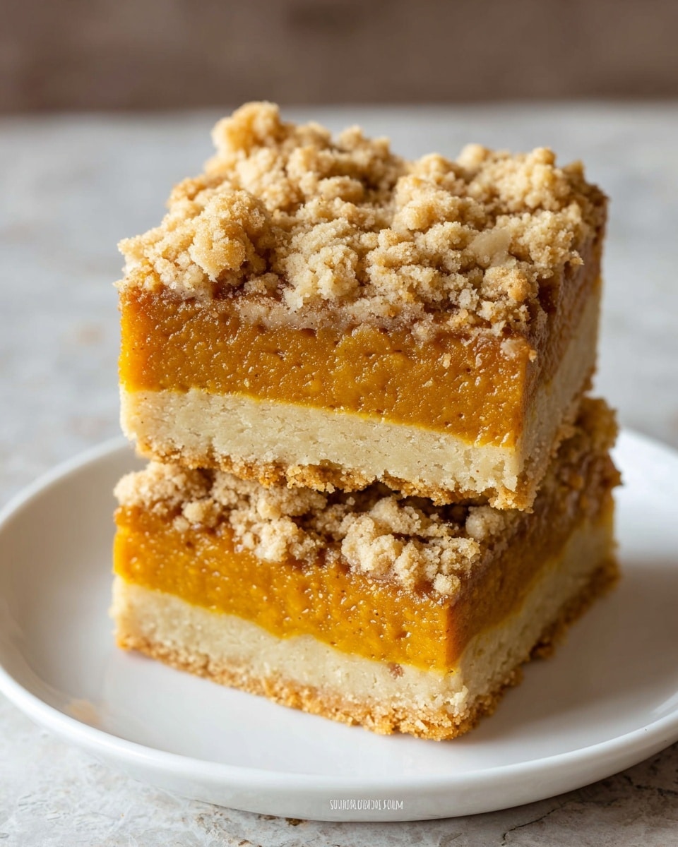 The image shows two square dessert bars stacked on a white plate, placed on a white marbled textured surface. Each bar has three distinct layers: the bottom layer is a light beige cookie crust, the middle layer is a smooth, thick pumpkin filling of warm orange color, and the top layer is a crumbly, golden-brown streusel topping with uneven chunks. The bars appear soft and moist in the middle with a slightly crisp topping. Photo taken with an iphone --ar 4:5 --v 7