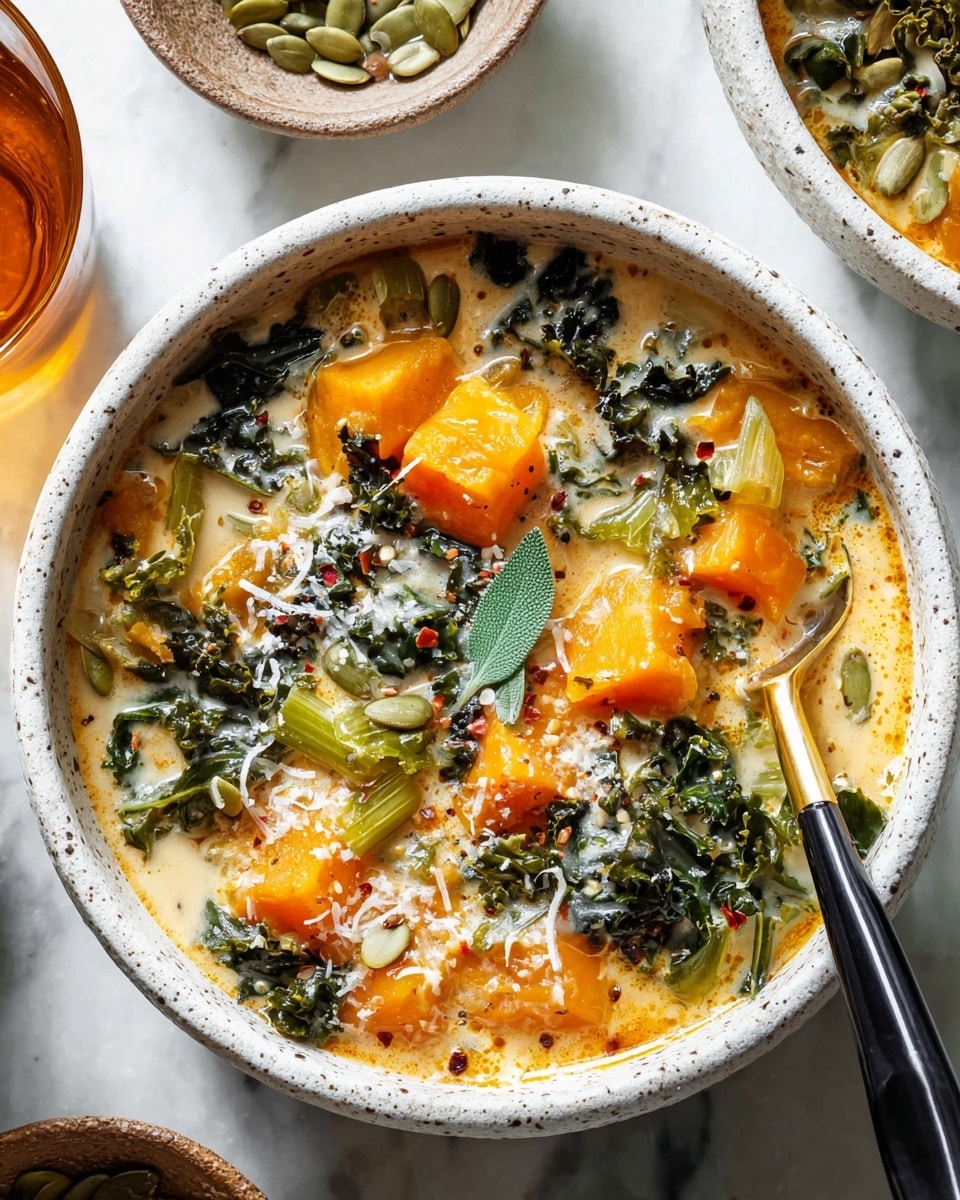 A white speckled bowl filled with creamy soup showing three main layers: large orange cubes of butternut squash floating near the top, dark green kale leaves mixed throughout, and light creamy broth with a smooth texture. The soup is topped with green pumpkin seeds, small grated white cheese, black pepper specks, and fresh sage leaves in the center. A black spoon with a gold tip rests inside the bowl on the right side. Nearby, there is another bowl with similar soup, a small bowl of pumpkin seeds, a bowl with two pieces of cheese and crackers, and a golden glass of drink. The whole scene is set on a white marbled textured surface with a folded orange cloth napkin under the bowl. photo taken with an iphone --ar 4:5 --v 7