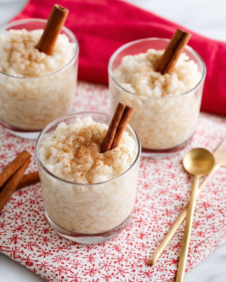 The image shows three clear glass cups filled with creamy rice pudding, each topped with a light sprinkle of cinnamon powder. Inside each cup, a whole cinnamon stick is placed upright, adding a touch of rustic decoration. The rice pudding has a soft, slightly lumpy texture with a pale off-white color. The glasses are arranged on a white and red patterned cloth, placed on a white marbled surface. Nearby, there are a few whole cinnamon sticks and a gold spoon resting on a red cloth. photo taken with an iphone --ar 4:5 --v 7