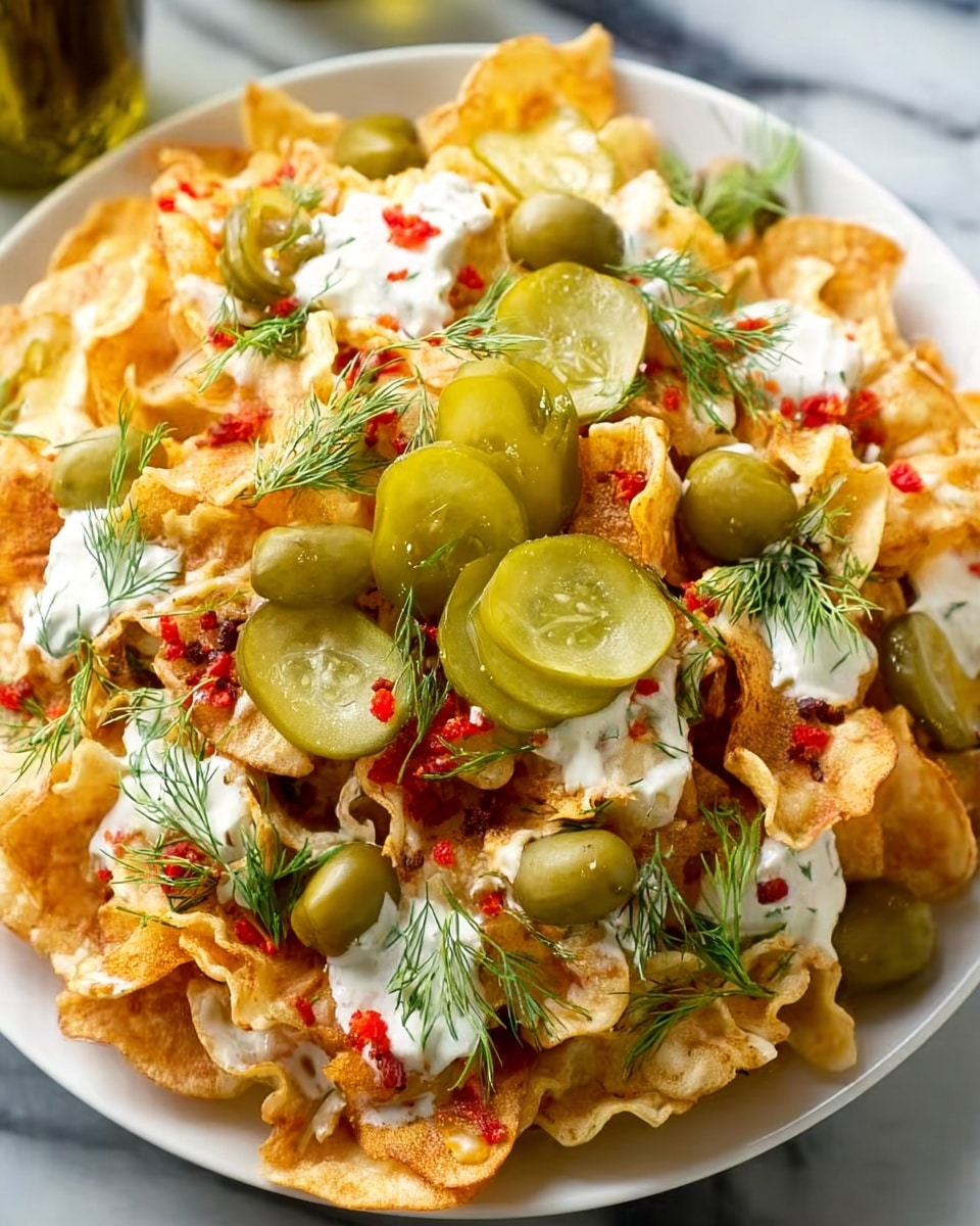 The dish is a large pile of crispy, orange-colored potato chips spread on a white plate. On top, there are many small, round green pickle slices and chunks with a few whole pickles stacked in the center. White creamy sauce is drizzled over the chips and pickles, creating a fine contrast. Small pieces of red bits, likely bacon or pepper, are scattered throughout the chips. Green herbs and small sprigs of dill add a fresh touch, placed evenly on and around the chips. The plate rests on a white marbled surface, with a jar of pickles and stacked white plates visible in the background. photo taken with an iphone --ar 4:5 --v 7