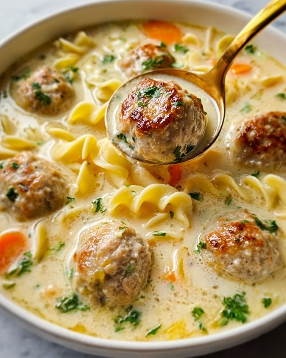 The image shows a bowl of creamy white soup with tender meatballs floating on top. The soup contains soft, curly egg noodles in a pale yellow color mingled with sliced orange carrots. The meatballs are golden brown with a slightly crispy outside and specks of herbs throughout. Small green parsley pieces are sprinkled across the dish, adding a fresh touch. A golden spoon lifts one meatball from the soup, showing its juicy inside. The bowl is white and sits on a white marbled surface. Photo taken with an iphone --ar 4:5 --v 7