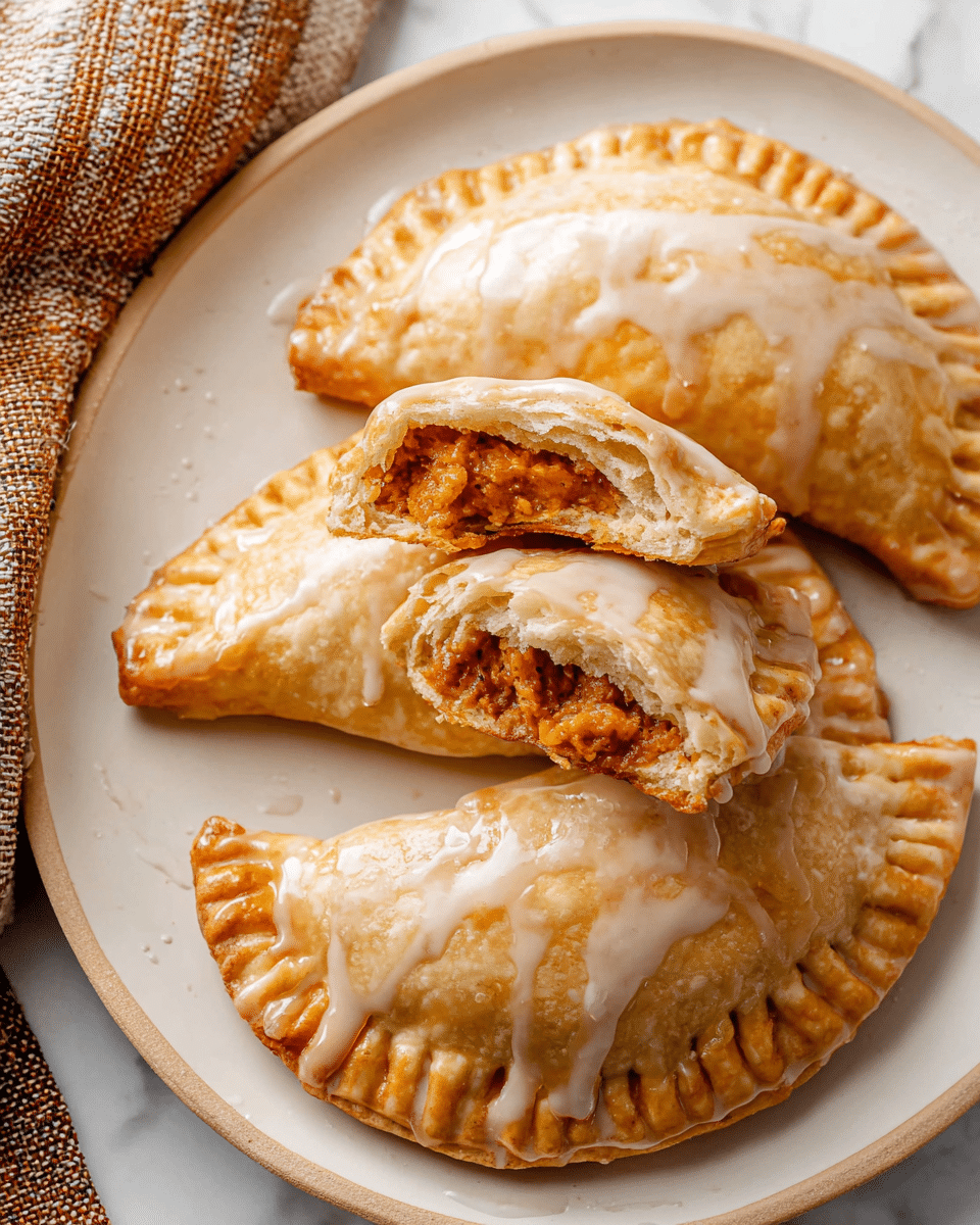 Several half-moon shaped pastries are laid out on a white marbled surface. Each pastry has a golden-brown crust with crimped edges and is covered by a smooth, light tan icing glaze that shines under the light. Two pastries are broken open, showing a warm, crumbly filling inside that is brown-orange in color and has a soft, textured look. The pastries are evenly spaced with some icing drips and crumbs around them, creating a fresh, homemade feel. photo taken with an iphone --ar 4:5 --v 7