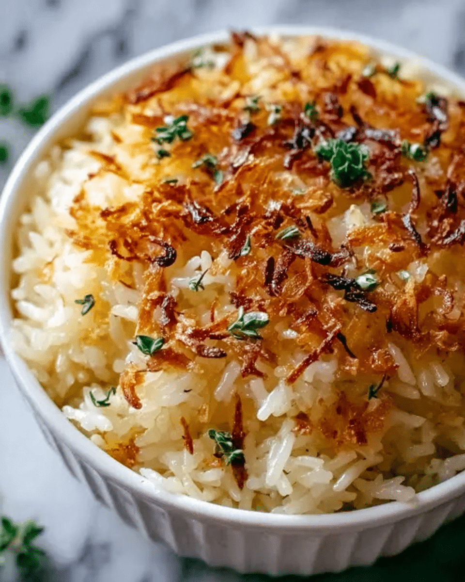 A close-up of a white round dish filled with cooked rice topped with crispy, browned onions and topped with small green herb sprigs. The rice layer is creamy and white-yellow, and the onions on top add a golden and slightly dark brown texture. The dish is set on a white marbled surface, showing some blurred red objects in the background, and a pair of silver utensils slightly visible on the side. photo taken with an iphone --ar 4:5 --v 7