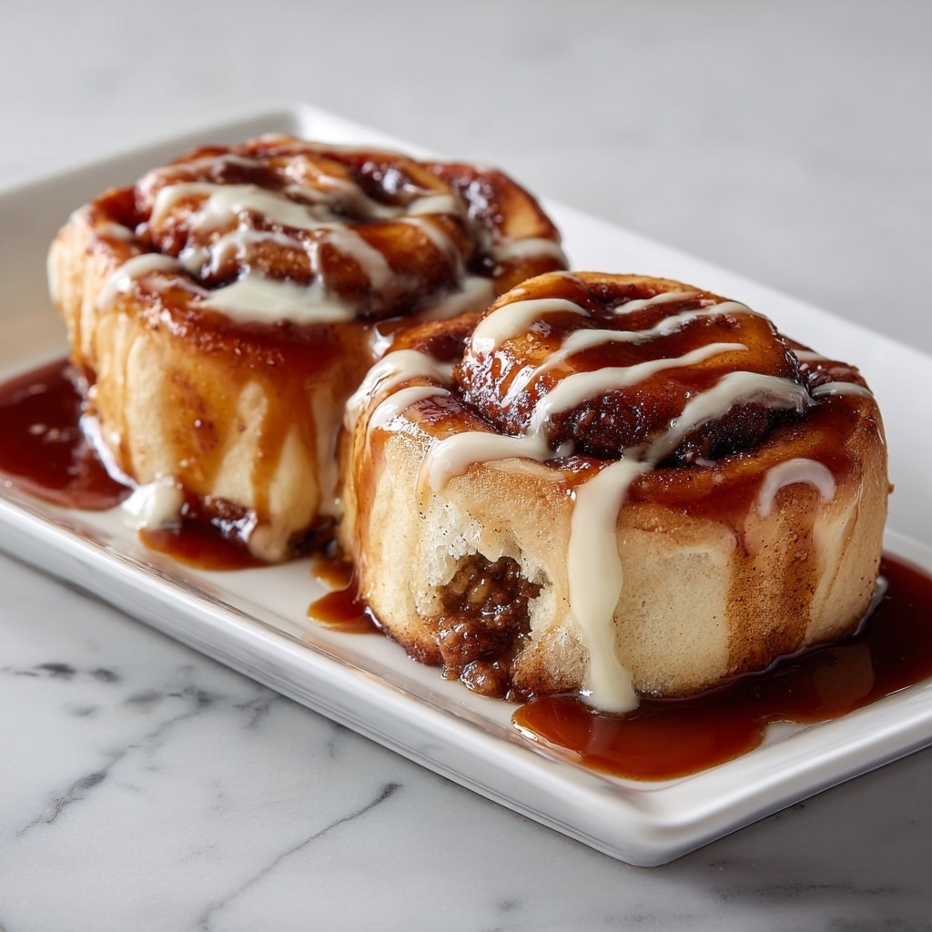 The image shows two large cinnamon rolls placed side by side on a white rectangular plate, resting on a white marbled surface. Each roll has visible layers of soft, golden-brown dough tightly swirled with a dark cinnamon filling. The rolls are generously covered with thick white icing drizzled in stripes across the top, with a glossy caramel sauce layered in thinner lines on top of the icing, creating a rich contrast of colors and textures. The overall look is warm, gooey, and inviting, with the sauces slightly dripping off the sides. Photo taken with an iphone --ar 4:5 --v 7