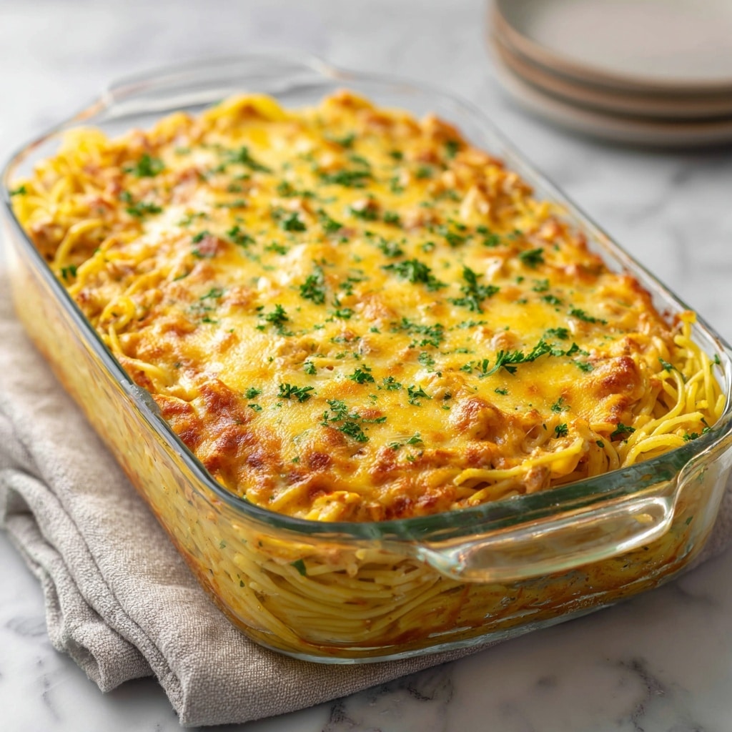 A square-shaped dish of baked spaghetti sits on a white plate with a slightly raised edge. The bottom layer is made of golden-orange spaghetti noodles neatly arranged in a tight, thick block. Above the pasta is a layer of melted creamy white cheese, evenly spread and browned slightly at the edges. Small green flakes of herbs are sprinkled on top of the cheese, adding a fresh color contrast. The plate rests on a white marbled textured surface, with soft folds of a beige cloth in the background. photo taken with an iphone --ar 4:5 --v 7
