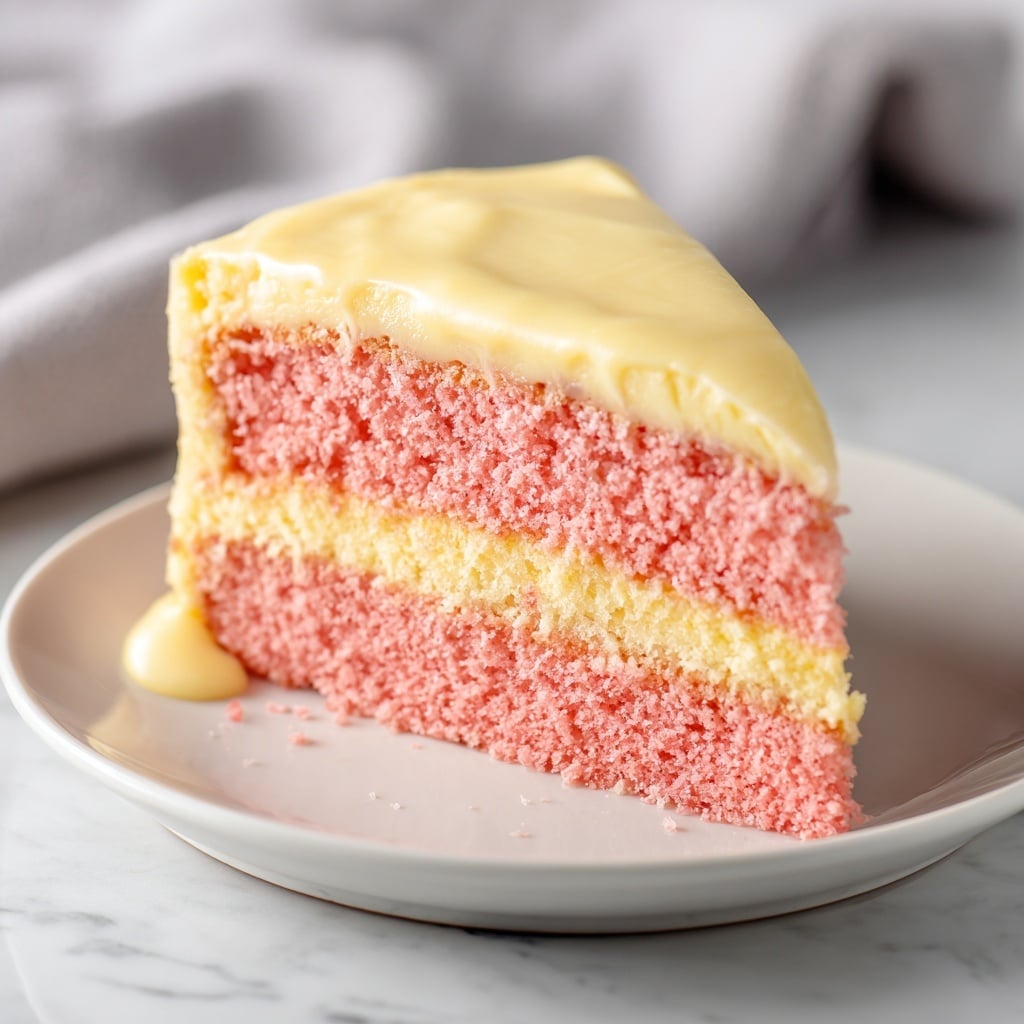 A two-layer round cake sits on a white plate, placed on a wooden board over a white marbled surface. The cake layers are bright pinkish-red with a grainy texture, separated by a thick middle layer of smooth, creamy white frosting. The top of the cake is covered with a generous layer of creamy frosting that is pale yellow with small pink bits mixed in. The frosting on top appears glossy and slightly swirled, showing soft peaks and ridges. Photo taken with an iphone --ar 4:5 --v 7