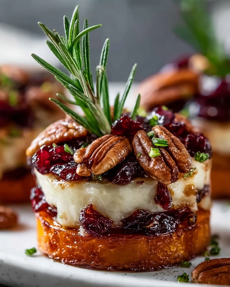 The image shows a close-up of a stacked appetizer with three main layers. The bottom layer is a round slice of golden-brown roasted sweet potato with a slightly crispy edge. Above it is a creamy, white layer of melted cheese, smooth and thick. The top layer has glossy dark red dried cranberries and shiny brown pecans, arranged around a sprig of fresh green rosemary standing upright in the center. Small green herb bits are sprinkled over the top, adding a fresh contrast. The dish sits on a white plate with a white marbled textured surface in the background. Photo taken with an iphone --ar 4:5 --v 7