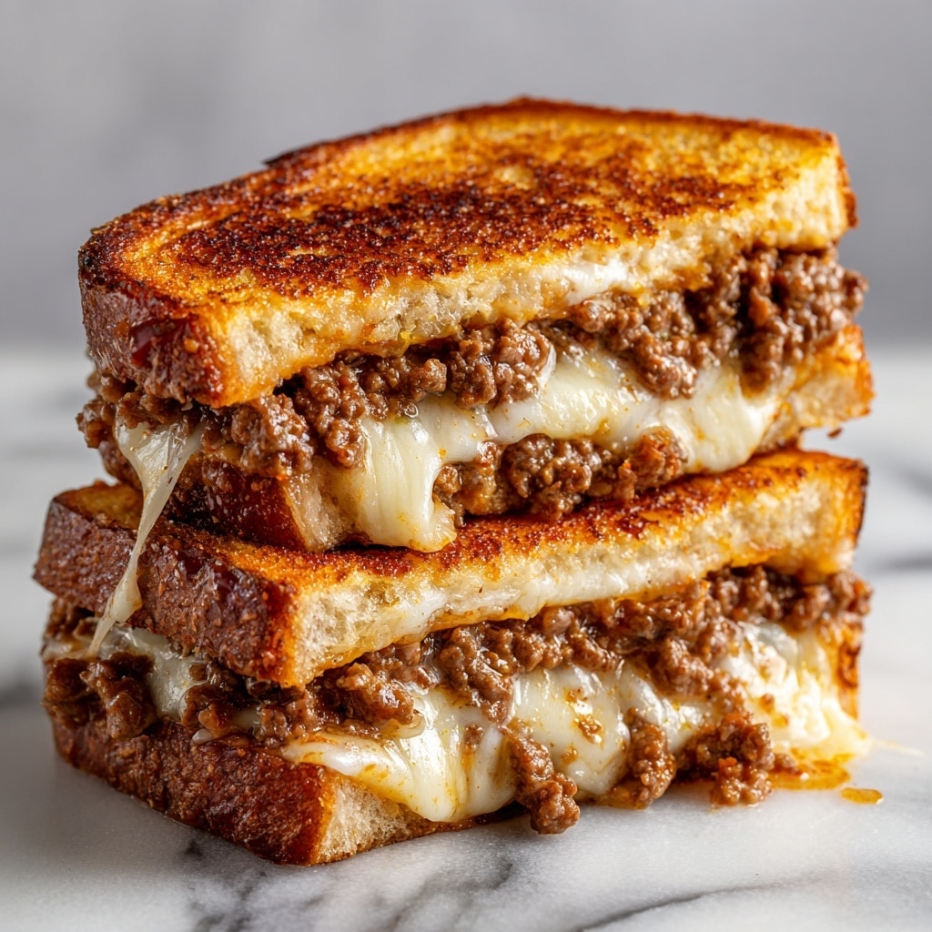 Two triangular sandwich halves stacked on top of each other display a rich, meaty filling with melted white cheese. The sandwich features two layers of toasted golden-brown bread with a crisp texture. Between the bread slices is a thick layer of ground meat sauce in a deep brown color with a slightly oily texture. The cheese layer sits just above the meat, soft and gooey, slightly dripping over the edges. The sandwich rests on a wooden board, with the background changed to a white marbled texture. photo taken with an iphone --ar 4:5 --v 7