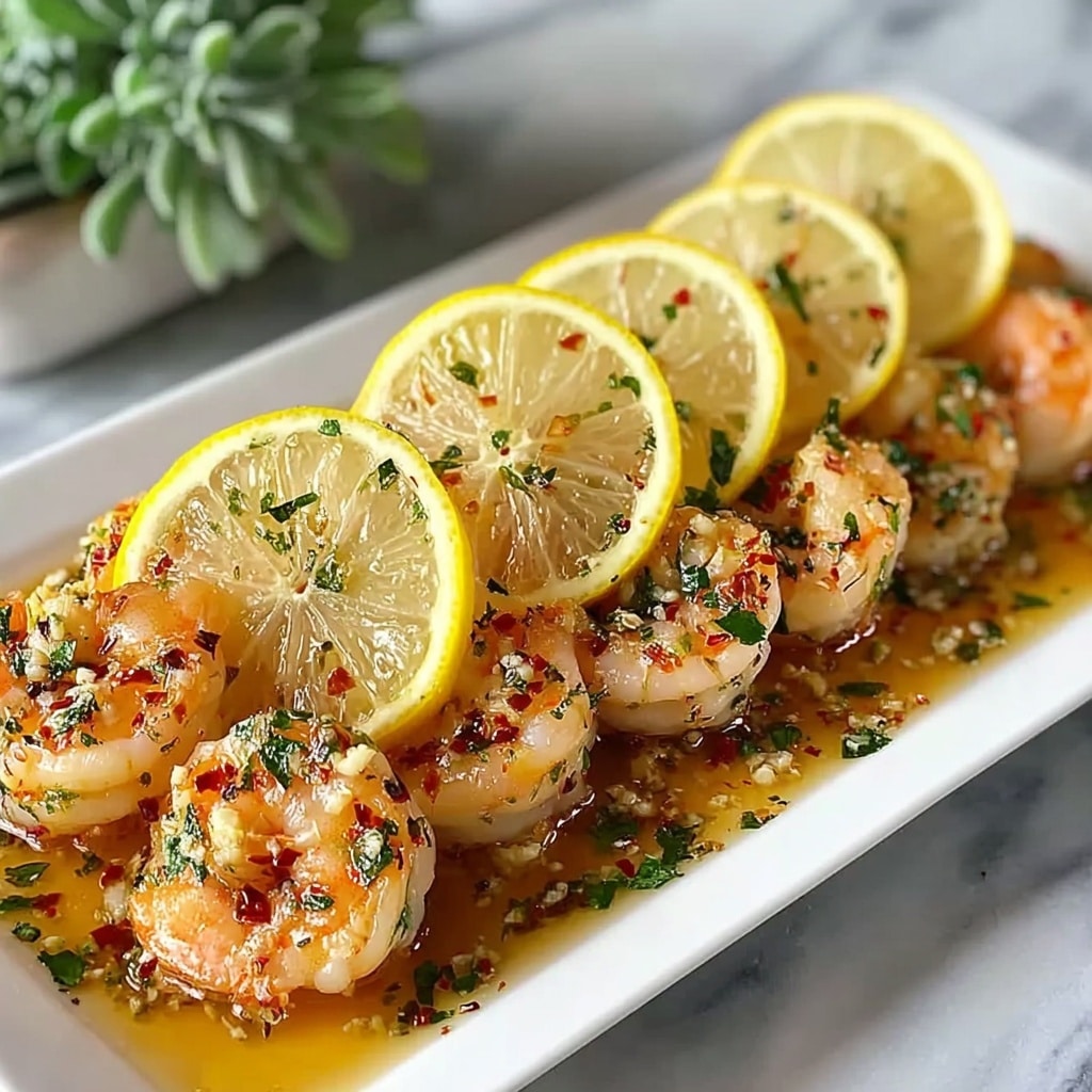 A white rectangular plate is filled with cooked shrimp arranged closely together, each shrimp showing a light pink and orange color with a slightly shiny texture, sprinkled with green herbs and white minced garlic. On top of the shrimp are four bright yellow lemon slices, arranged in a line from front to back, each slice visibly juicy and sprinkled with bits of herbs. The sauce underneath the shrimp looks glossy and oily with small herbal pieces scattered throughout. The background shows a white marbled surface with a blurred plant in the corner. photo taken with an iphone --ar 4:5 --v 7