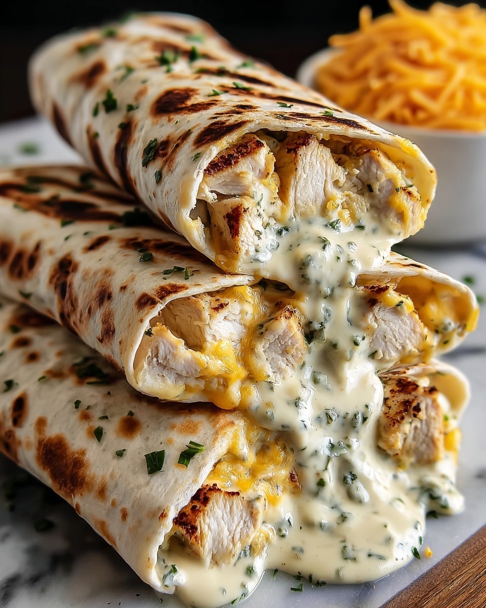 The image shows two stacked grilled tortillas filled with several layers starting with tender white grilled chicken pieces, covered in melted yellow cheddar and creamy white cheese sauce with green parsley bits. The top tortilla is browned with grill marks and sprinkled with fresh green herbs. The cheese sauce pools out from the filling, making the dish look rich and gooey. In the background, there is a white ribbed bowl with a creamy dip beside some orange curly fries, all set on a white marbled surface. Photo taken with an iphone --ar 4:5 --v 7