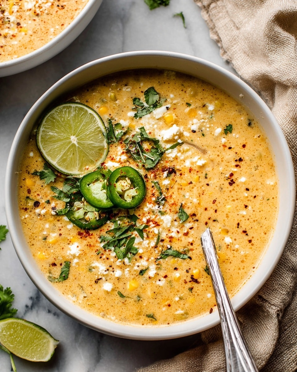 A white bowl filled with creamy corn soup that has a light orange-yellow color and visible small corn kernels throughout. The top layer has white crumbled cheese, bright green cilantro leaves, and slices of green jalapeño. There is a wedge of green lime placed near the edge of the bowl. The soup is sprinkled with reddish chili powder and black pepper specks. A silver spoon rests inside the bowl on the right side. The background surface has a white marbled texture with a soft beige cloth folded near the top. photo taken with an iphone --ar 4:5 --v 7