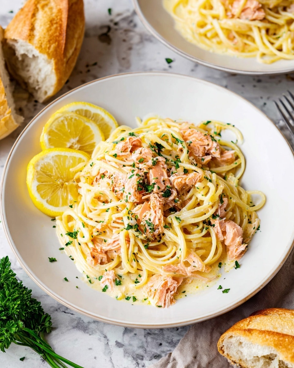 A beige plate holds a serving of spaghetti pasta mixed with light pink pieces of cooked salmon scattered on top, garnished with small green parsley leaves evenly spread across the dish. On one side of the plate, three thin lemon slices are placed next to a small bunch of fresh green parsley. The plate rests on a white marbled surface, and nearby there is a white plate with more pasta and salmon partially visible. Two pieces of crusty bread are placed at the top on the white marbled texture. To the right, a white cloth napkin with a silver knife and fork sits beside the plates. Photo taken with an iphone --ar 4:5 --v 7