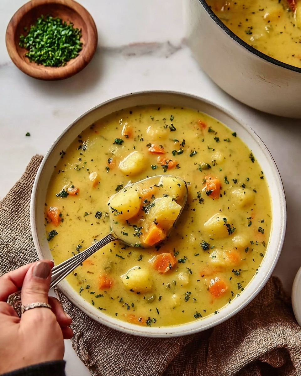 A white shallow bowl filled with thick yellow soup containing chunks of soft potatoes and small orange carrot pieces, with green herb bits sprinkled throughout. A woman's hand holds a silver spoon lifting a portion of soup with visible potato and carrot chunks. The bowl is placed on a rough-textured brown cloth on top of a white marbled surface. In the upper left, there is a small wooden bowl with finely chopped green herbs, and part of a large pot filled with the same soup is seen in the upper right corner. photo taken with an iphone --ar 4:5 --v 7