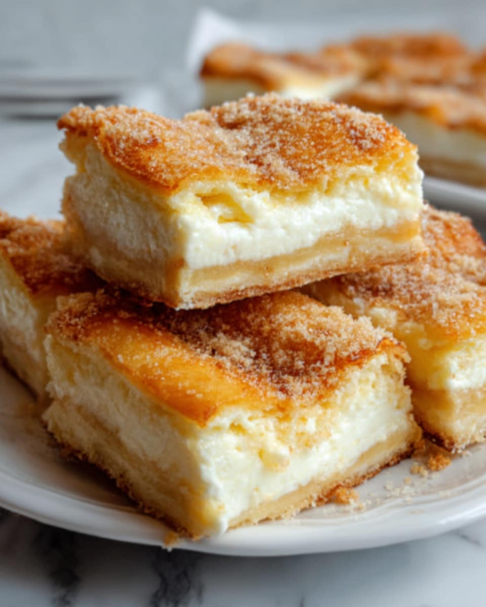 The image shows a close-up of several layered squares of baked pastry on a white plate, placed on a white marbled surface. Each square has three visible layers: the top layer is golden brown and crispy, the middle layer is creamy white with a soft texture, and the bottom layer is a light golden crust. The pieces are stacked with one square resting on top of another, showing the layers clearly. A woman's hand is holding the top square gently from above. Photo taken with an iphone --ar 4:5 --v 7
