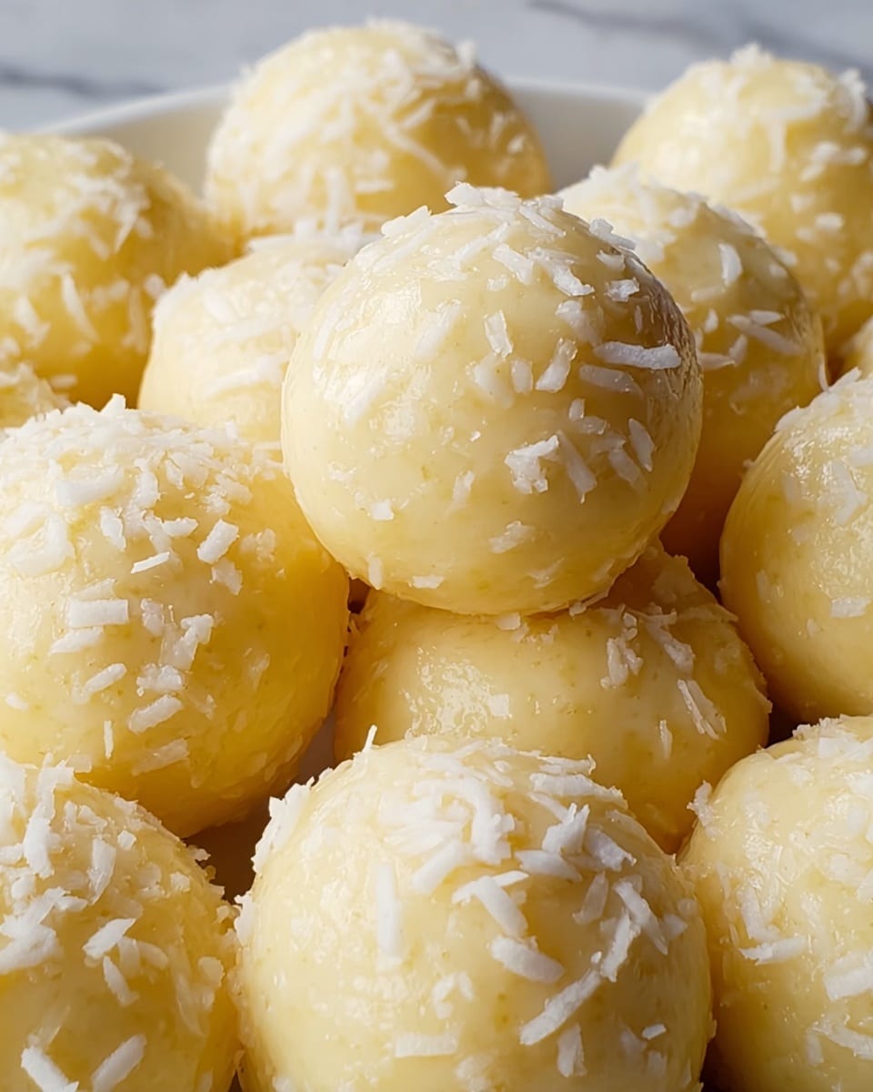 The image shows a close-up view of several round, smooth balls that are pale yellow in color, each covered with small white coconut flakes. The balls are tightly packed together, showing a glossy texture on their surface that reflects light softly. The coconut flakes add a textured contrast with their irregular shapes and bright white color. The overall look is fresh and creamy with a neat, uniform shape for each ball. photo taken with an iphone --ar 4:5 --v 7