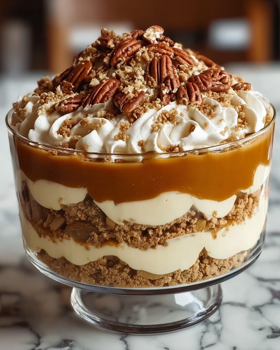 A clear glass bowl holds a layered dessert with alternating thick layers of light caramel and creamy off-white filling mixed with crumbly, brown cookie pieces. The top layer is a rich swirl of white whipped cream, crowned with whole and chopped dark brown pecan nuts and more crumbled cookie bits. The layers are distinct, showing a smooth caramel contrast against the textured cookie and creamy filling. The background is softly blurred with a warm indoor light, all set on a white marbled surface. Photo taken with an iphone --ar 4:5 --v 7
