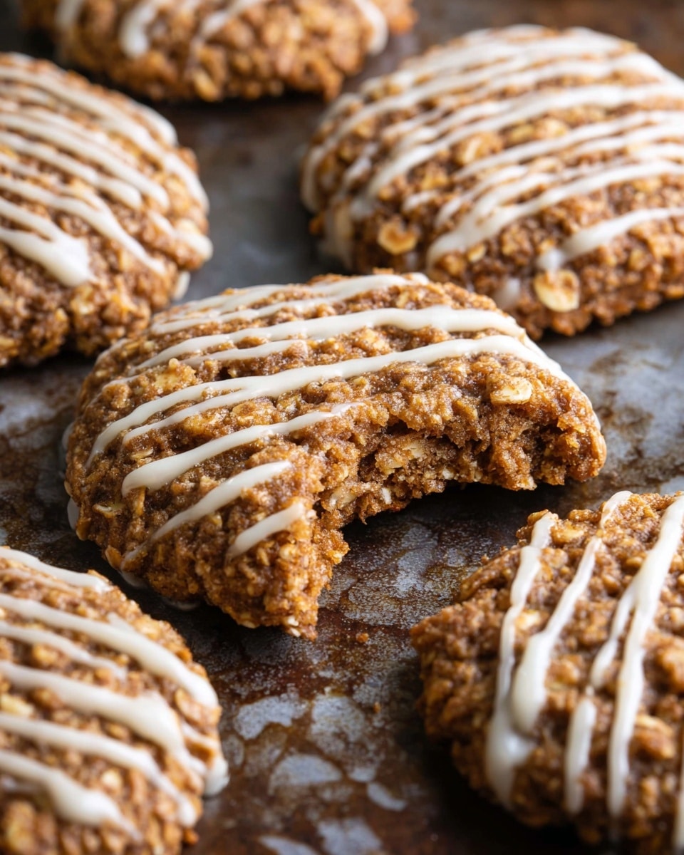The image shows several round, brown cookies with a rough, slightly bumpy texture, spread out on a rustic baking tray. Each cookie has thin white icing lines drizzled across the top in a neat, zigzag pattern. The cookies look soft but firm, with a visible grainy texture that suggests oats or nuts inside. The close-up view makes the drizzled icing and the uneven surface of the cookies stand out clearly. photo taken with an iphone --ar 4:5 --v 7