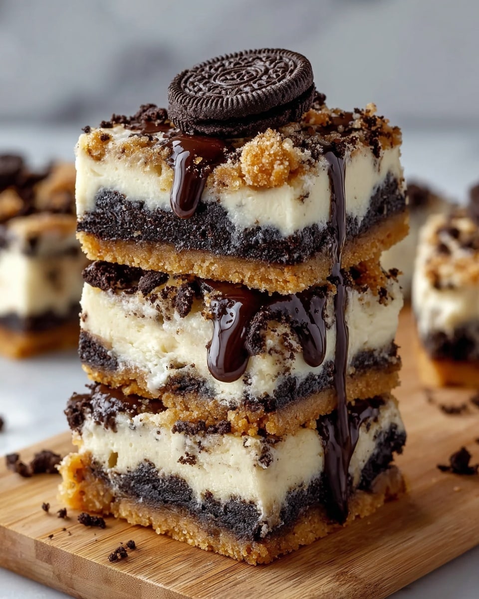 The image shows a stack of three square dessert bars on a wooden cutting board, set against a white marbled surface. Each bar has three clear layers: the bottom is a golden brown cookie crust, the middle is a dark chocolate crumb layer speckled with chunks of cookies, and the top layer is a thick creamy white cheesecake with small cookie pieces mixed in. The top bar is garnished with drizzle of shiny dark chocolate sauce and cookie crumbles with a whole cookie placed on top. The melted chocolate drips slightly over the edges, adding a glossy texture to the dessert. photo taken with an iphone --ar 4:5 --v 7