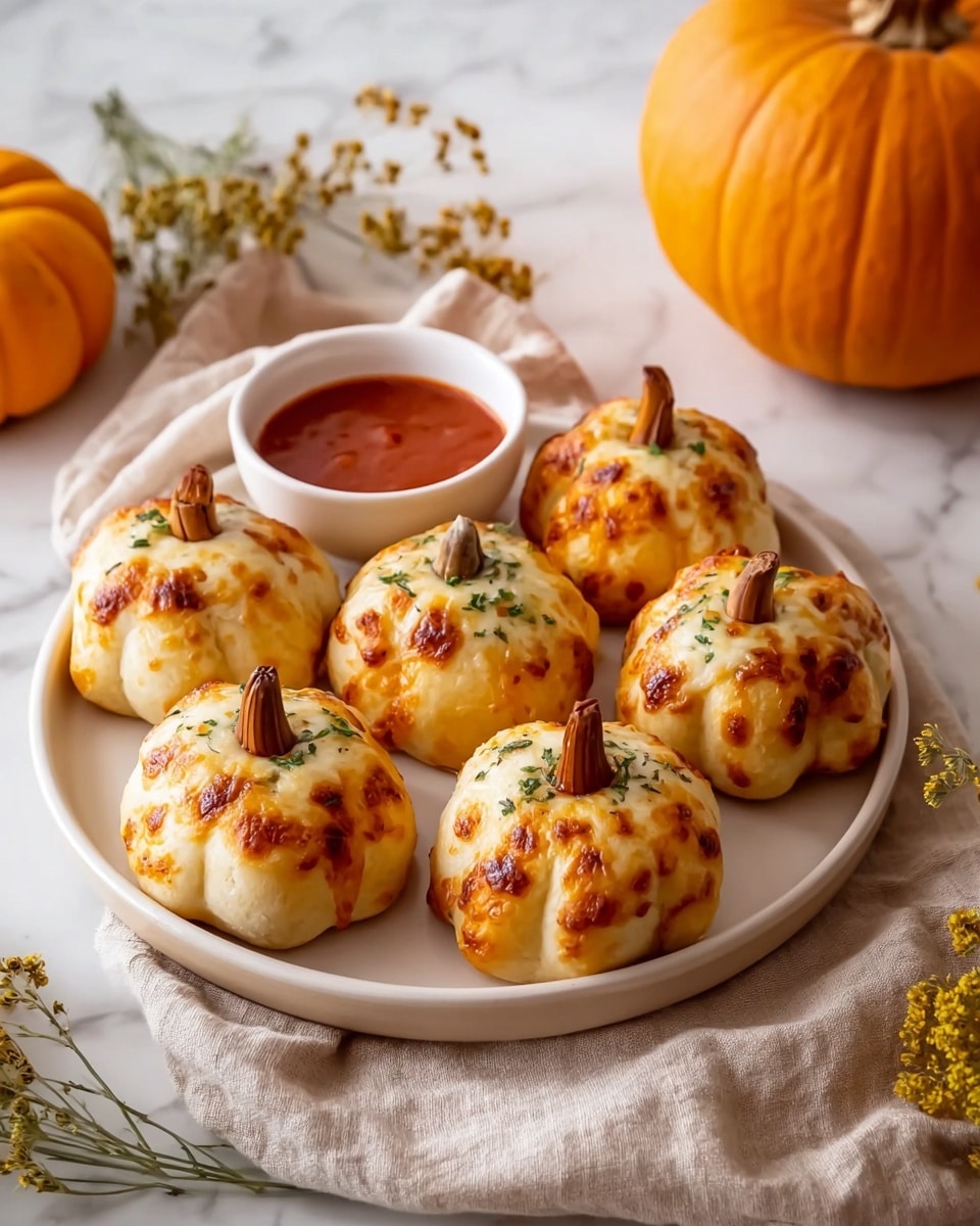 The image shows six small pumpkin-shaped bread rolls arranged on a round white plate, each roll having a golden-brown, slightly crispy top with melted cheese patches and sprinkled herbs, and a small brown stem placed in the center to mimic a pumpkin stalk. Behind the bread, two small white bowls are filled with red sauce, and to the right side of the plate is a large orange pumpkin. The plate and bowls sit on a soft, light beige cloth atop a white marbled surface, with some sprigs of green and yellow dried flowers placed casually around the scene, creating a cozy, autumn feel. photo taken with an iphone --ar 4:5 --v 7