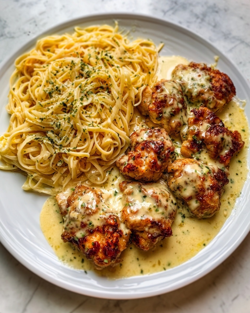 The image shows a white plate with two main parts: on the right side, there are six browned chicken pieces covered in a creamy, light yellow sauce with herbs mixed in; on the left side, there is a large serving of pale yellow pasta noodles topped with small green herb sprinkles. The chicken looks crispy with darker brown spots, and the sauce around it has a smooth texture. The pasta is arranged loosely with a slightly shiny surface from the sauce, and both parts are placed next to each other on the plate. The plate sits on a white marbled surface. photo taken with an iphone --ar 4:5 --v 7