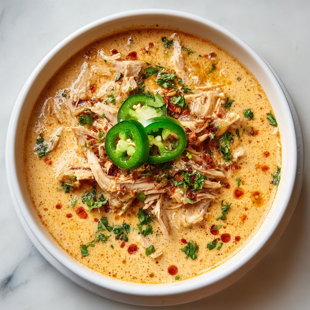 A deep white bowl filled with a creamy white soup base that has orange oil droplets mixed in, topped with a thick layer of browned shredded chicken pieces with a crispy texture, scattered fresh green cilantro leaves, and three slices of bright green jalapeno peppers placed on top. The bowl rests on a white marbled textured surface, with some beige tortilla chips blurred in the background. Photo taken with an iphone --ar 4:5 --v 7