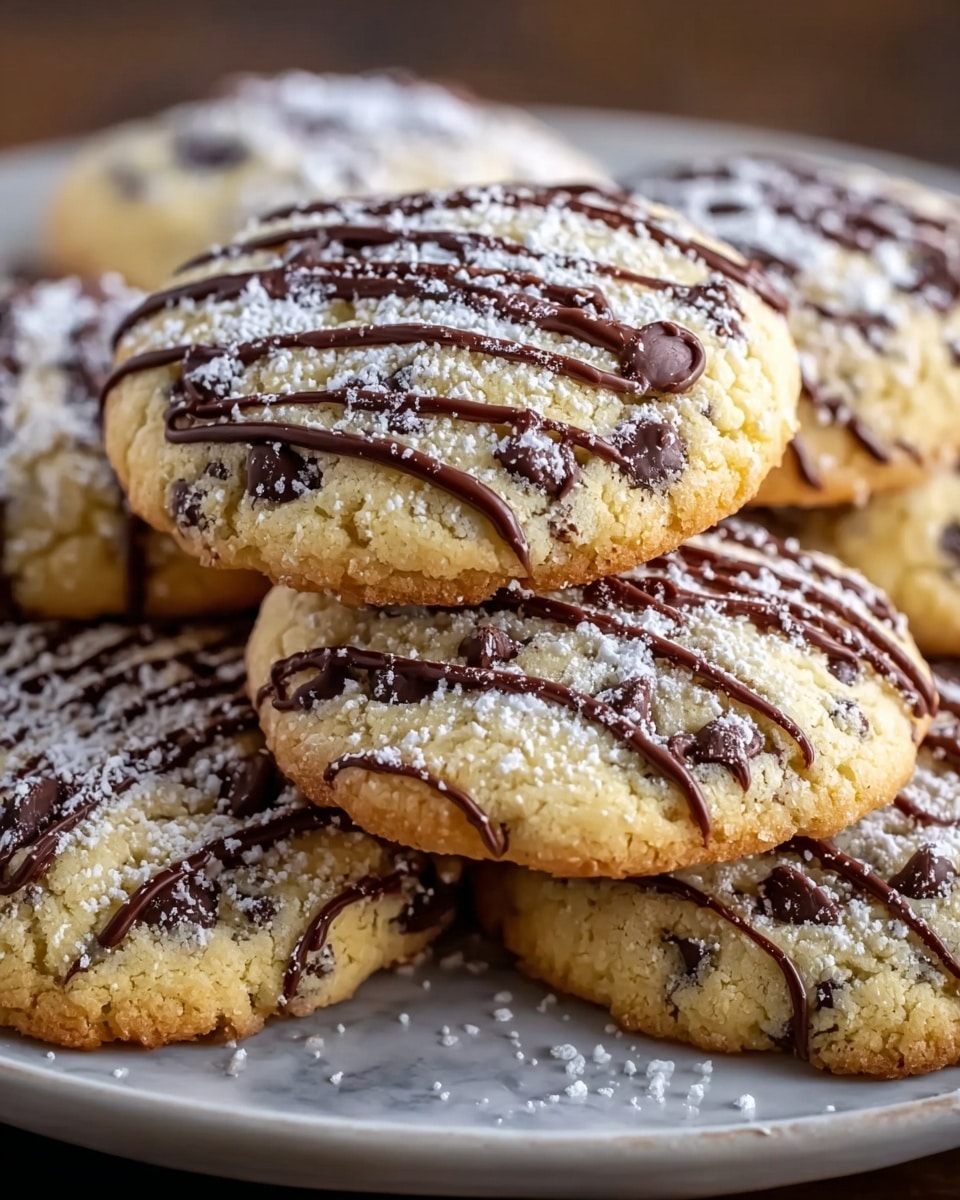 The image shows several round, golden-brown cookies with visible chocolate chips baked inside them. Each cookie is topped with thin, dark brown chocolate drizzle forming stripes across the surface. A light dusting of white powdered sugar covers the top of the cookies and spills slightly onto the white marbled surface below. The cookies have a slightly cracked texture on top, showing a soft and chewy interior. The focus is on the front stacked cookies, with others blurred in the background. Photo taken with an iphone --ar 4:5 --v 7