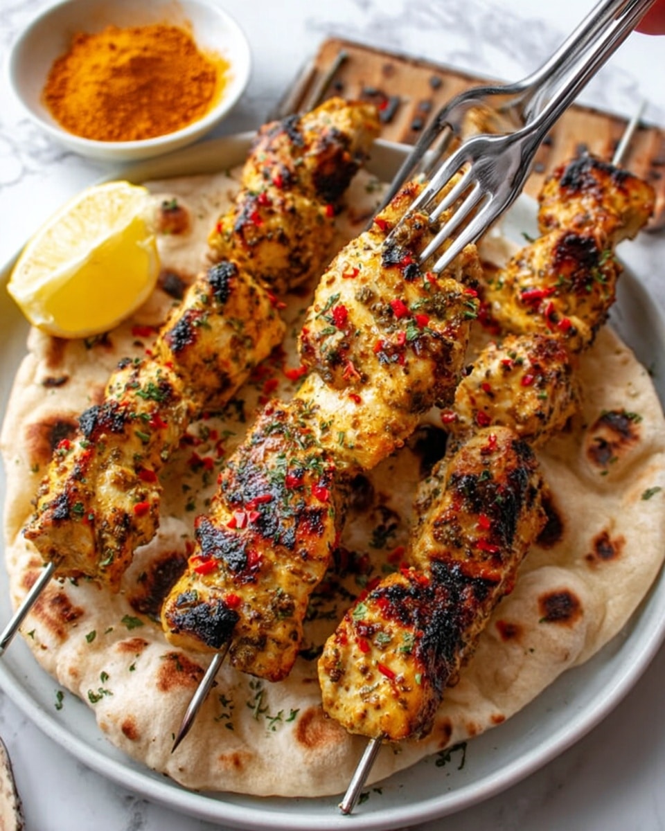The image shows two skewers of grilled chicken placed on a white plate with flatbread underneath. The chicken pieces are golden brown with dark grill marks and sprinkled with herbs and red chili flakes. The flatbread under the skewers is light brown with some darker spots, showing a soft texture. On the side of the plate, there is a slice of lemon and a small white bowl filled with bright orange spice powder. A woman's hand is holding one of the skewers with two metal forks inserted in the chicken, ready to lift a piece. The background is a white marbled surface. Photo taken with an iphone --ar 4:5 --v 7