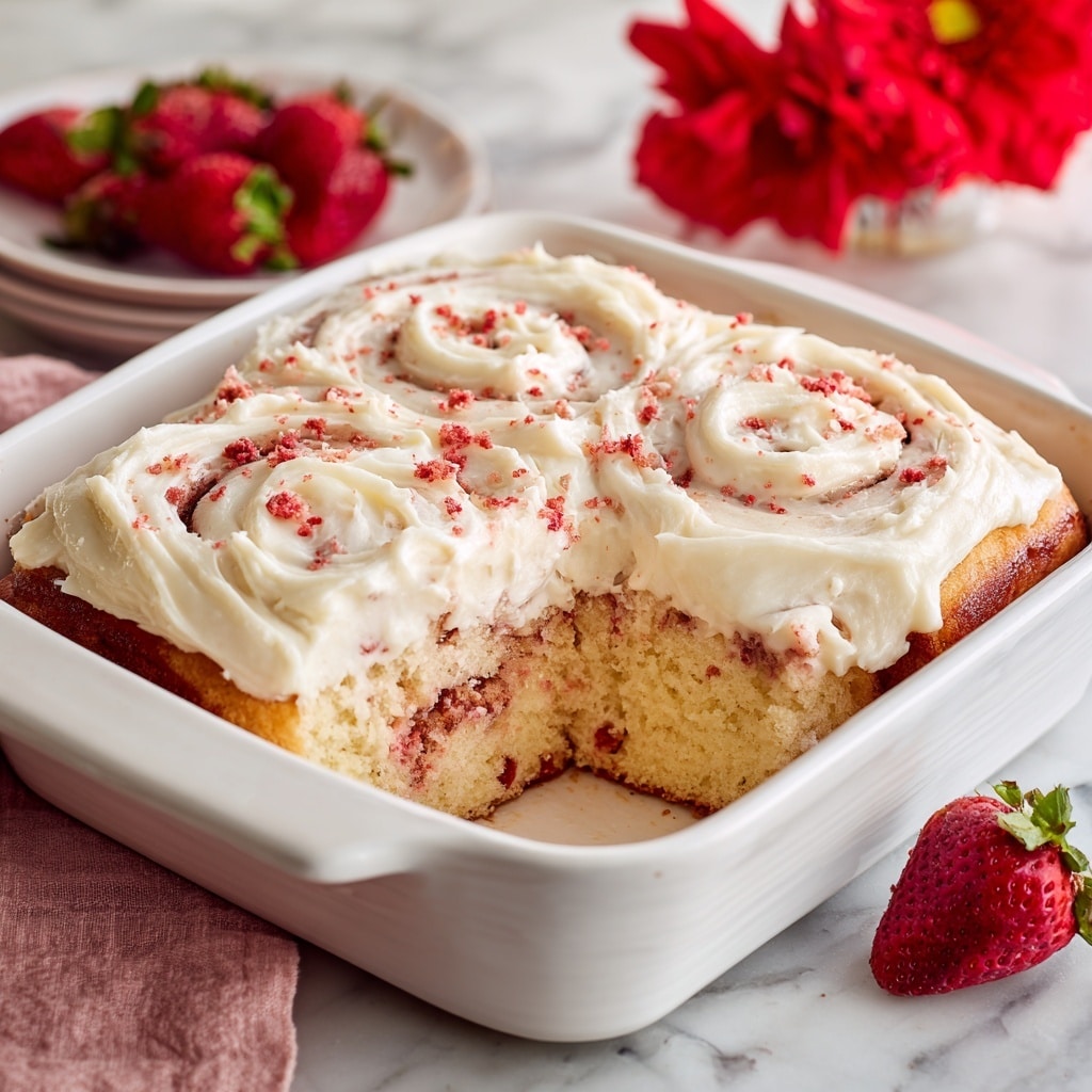 The image shows a white rectangular baking dish filled with a pink cinnamon roll cake that has one large piece cut out from the corner. The cake has soft, fluffy layers with a moist texture visible on the cut side. The top layer is covered with thick, creamy white frosting, swirled in some areas, and sprinkled with small red bits. The dish rests on a white marbled surface, with fresh strawberry halves and a red flower blurred in the background. Photo taken with an iphone --ar 4:5 --v 7