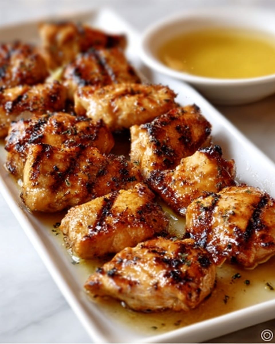 The image shows a white rectangular plate filled with grilled chicken pieces, each piece having a golden-brown grilled surface with visible char marks and a slightly shiny glaze, giving a juicy texture. The chicken pieces are arranged closely in neat rows, occupying most of the plate. In the background, there is a small round white bowl filled with a yellow dipping sauce, sitting on a white marbled surface. The overall scene has a warm and inviting look, highlighting the texture and color of the grilled chicken. Photo taken with an iphone --ar 4:5 --v 7