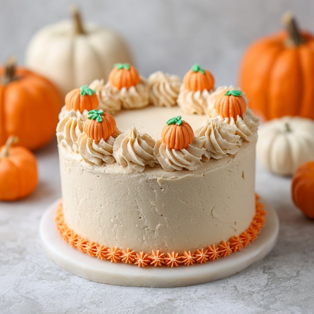 A tall, creamy cake with two visible layers covered in smooth light beige frosting stands on a white marbled surface. The cake has a thick ring of small, dark orange stars piped around its base. The top is decorated with a spiral pattern in the center made from the same light beige frosting. Around the edge of the top are eight large swirls of the same light beige frosting, each swirl topped with a small, detailed pumpkin-shaped decoration in bright orange with green stems. Three whole pumpkins sit blurred in the background, adding an autumn feel. Photo taken with an iphone --ar 4:5 --v 7