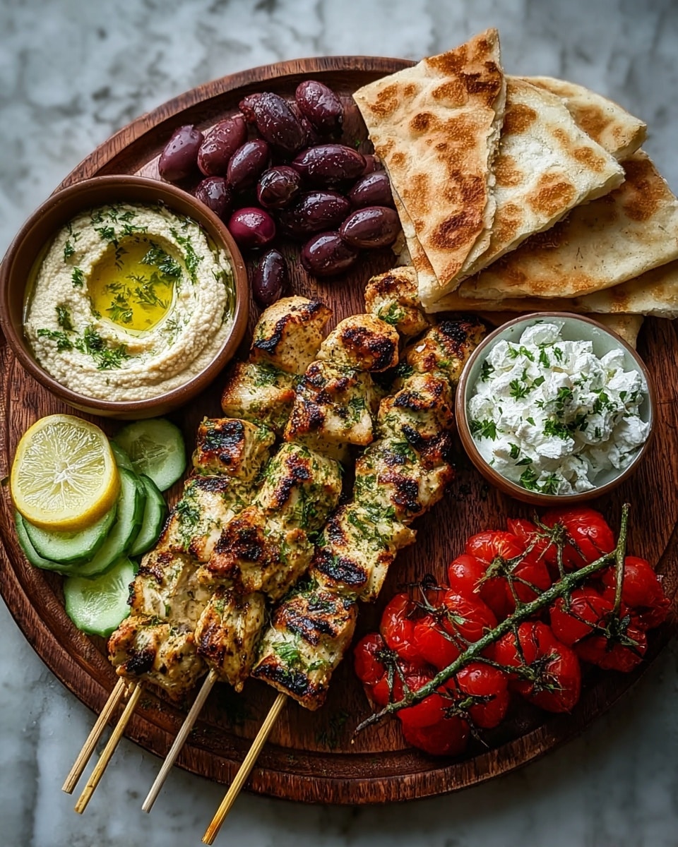 A round wooden board holds five skewers of grilled chicken cubes, showing charred and golden-brown layers with green herb sprinkles, placed mostly across the bottom half. To the left are two lemon wedges beside a small bowl filled with light beige hummus topped with green herbs and a drizzle of olive oil. Above this is a cluster of dark purple olives next to a bunch of bright red cherry tomatoes on the vine, shiny and fresh. To the right are three triangular pieces of toasted pita bread stacked on top of each other, and near them is a small bowl of white cottage cheese garnished with green herbs. Several thin rounds of green cucumber with herb sprinkles are placed next to the cheese. The whole platter sits on a white marbled texture. photo taken with an iphone --ar 4:5 --v 7