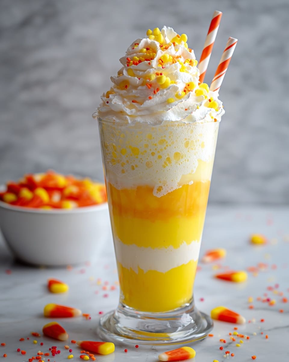 A tall clear glass holds a layered drink with five visible layers. The bottom and third layers are bright yellow with a smooth texture. The second and fourth layers are creamy white and slightly thicker, with the fourth layer having small bubbles. On top, there is a large swirl of white whipped cream decorated with small yellow candy pieces and red sprinkles. A white and red striped straw is inserted on the right side. The glass is set on a white marbled surface with scattered candy corn and red sprinkles around it, and a white bowl filled with candy corn blurred in the background. Photo taken with an iphone --ar 4:5 --v 7