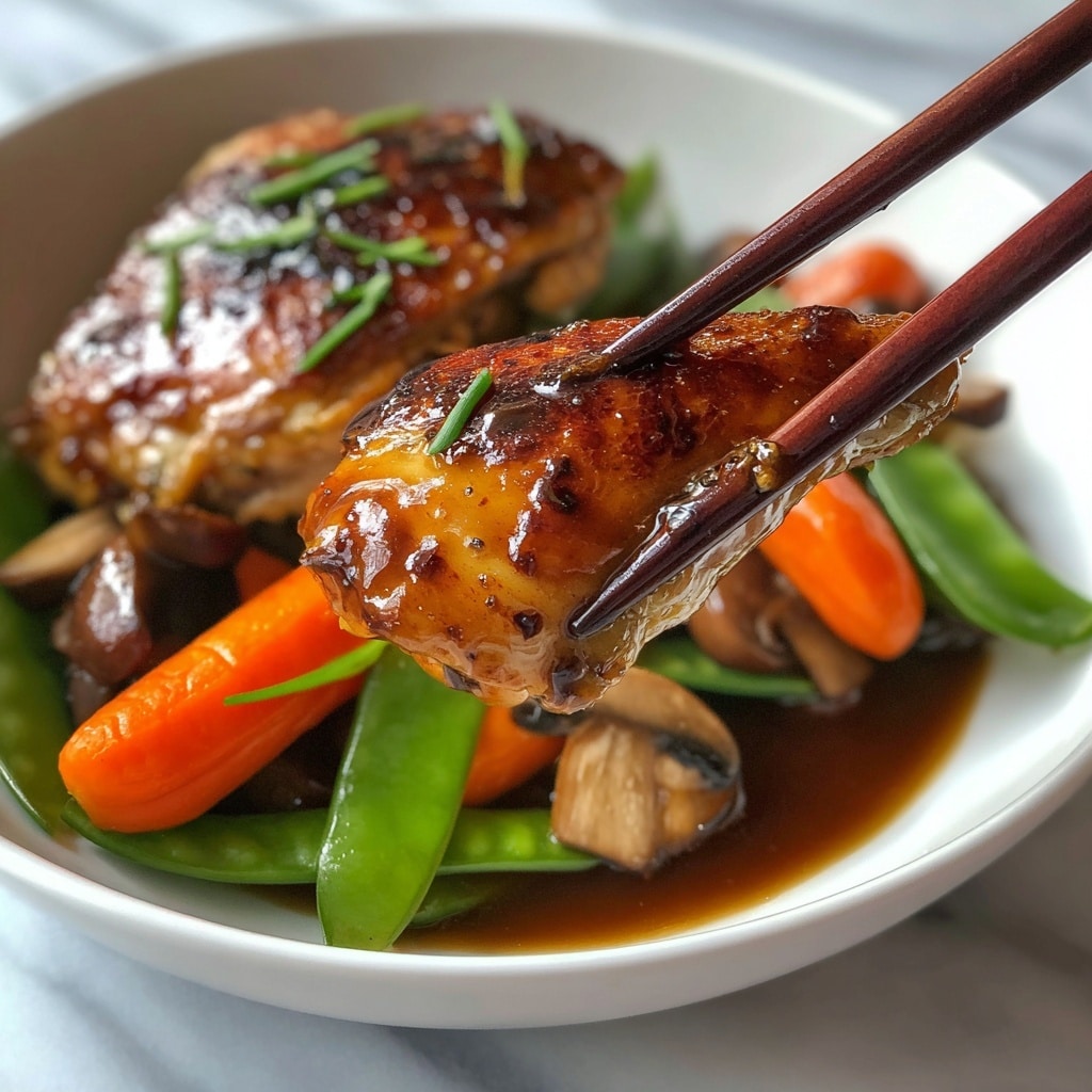 A close-up of a piece of shiny, cooked chicken with a glossy brown sauce held by dark wooden chopsticks, alongside a bright orange carrot slice; in the background, a white bowl filled with a mix of colorful stir-fried vegetables including green snap peas, sliced orange carrots, and brown mushrooms on a white marbled surface. photo taken with an iphone --ar 4:5 --v 7