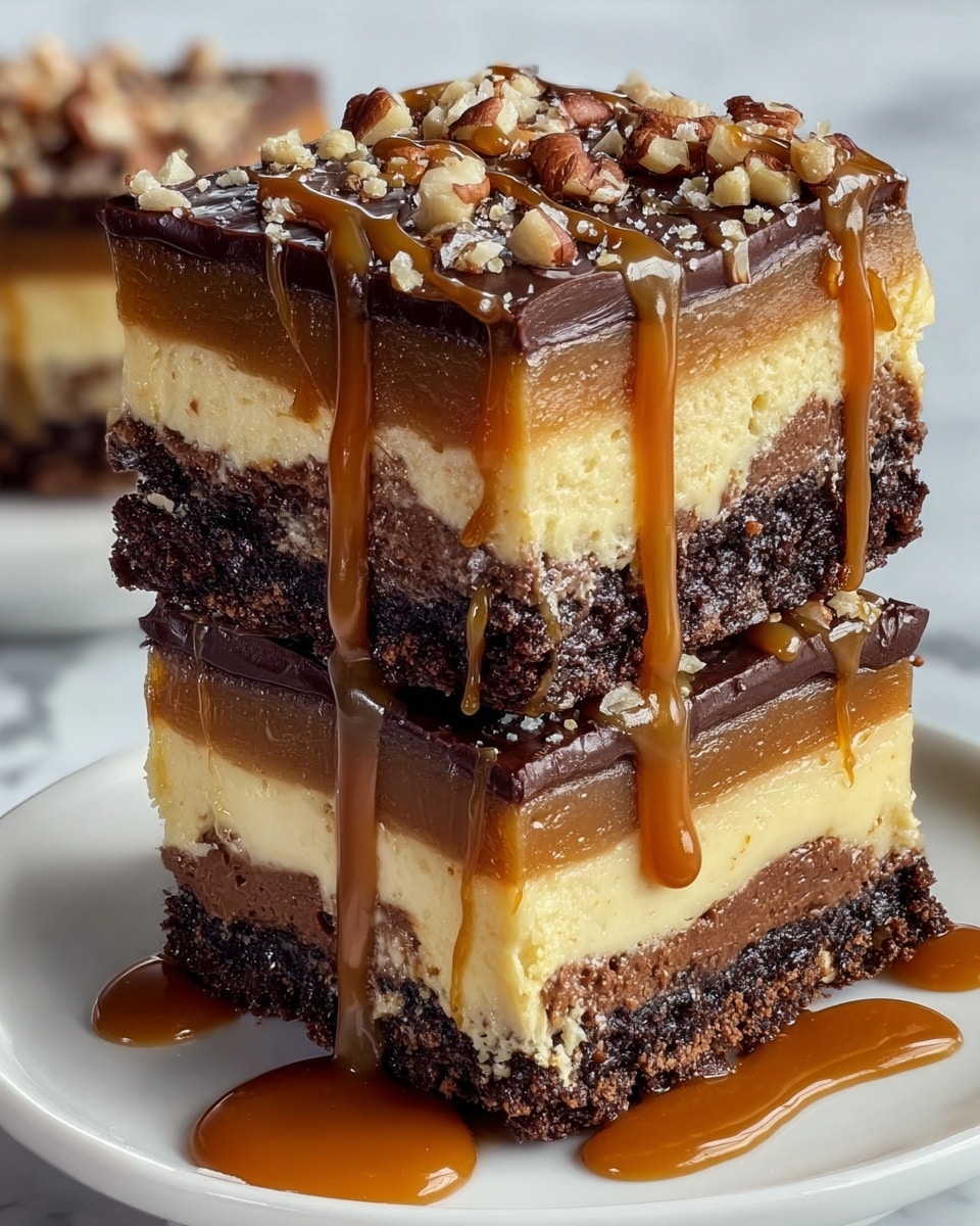 Two thick square pieces of brownie stacked on a white plate, each piece showing four clear layers: a dark, dense bottom brownie layer, a light creamy cheesecake layer above it, a golden caramel layer on top of the cheesecake, and a smooth dark chocolate layer crowning the dessert. Rich caramel sauce drips down the sides of the brownies and pools around the plate. The top chocolate layer is sprinkled with small crumbled chocolate chunks, adding texture and contrast. The background is a white marbled surface. photo taken with an iphone --ar 4:5 --v 7