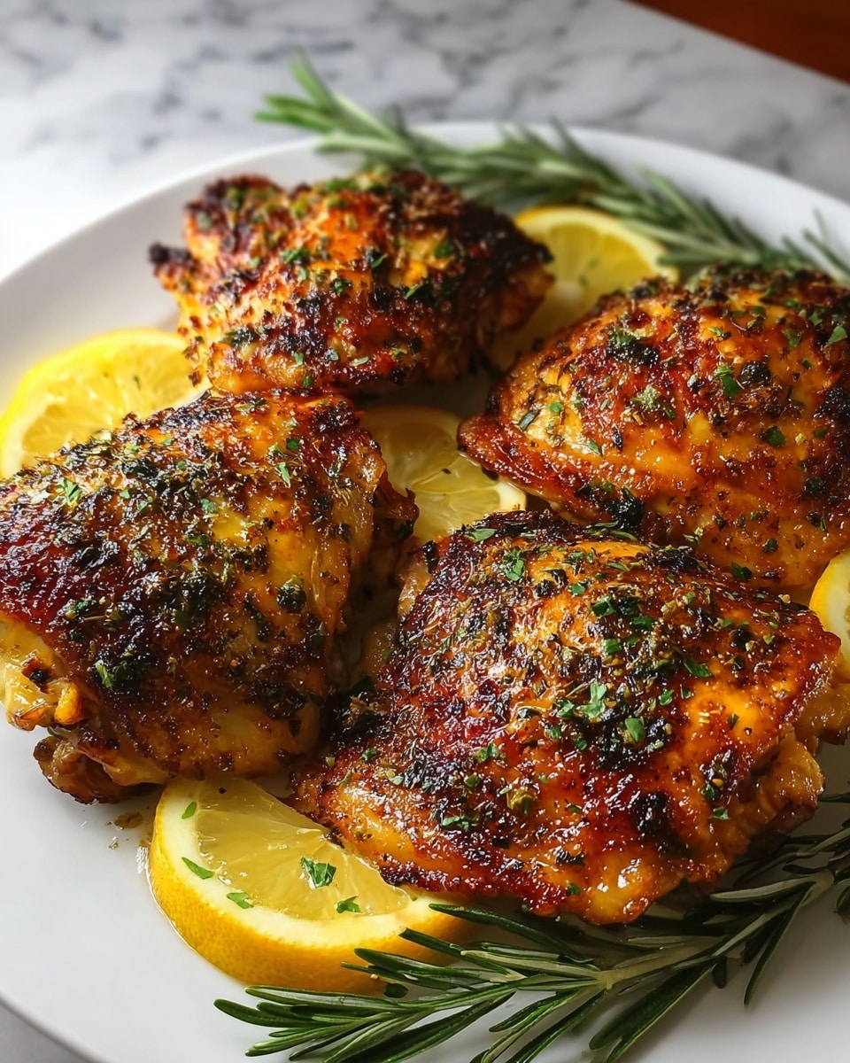 Four pieces of crispy, golden-brown roasted chicken thighs, each with a layer of browned, textured skin speckled with green herbs, are arranged closely on a white plate. Underneath and between the chicken pieces, there are bright yellow lemon slices adding a fresh pop of color. To the side, a sprig of fresh green rosemary adds natural detail. The plate is set on a white marbled surface. photo taken with an iphone --ar 4:5 --v 7
