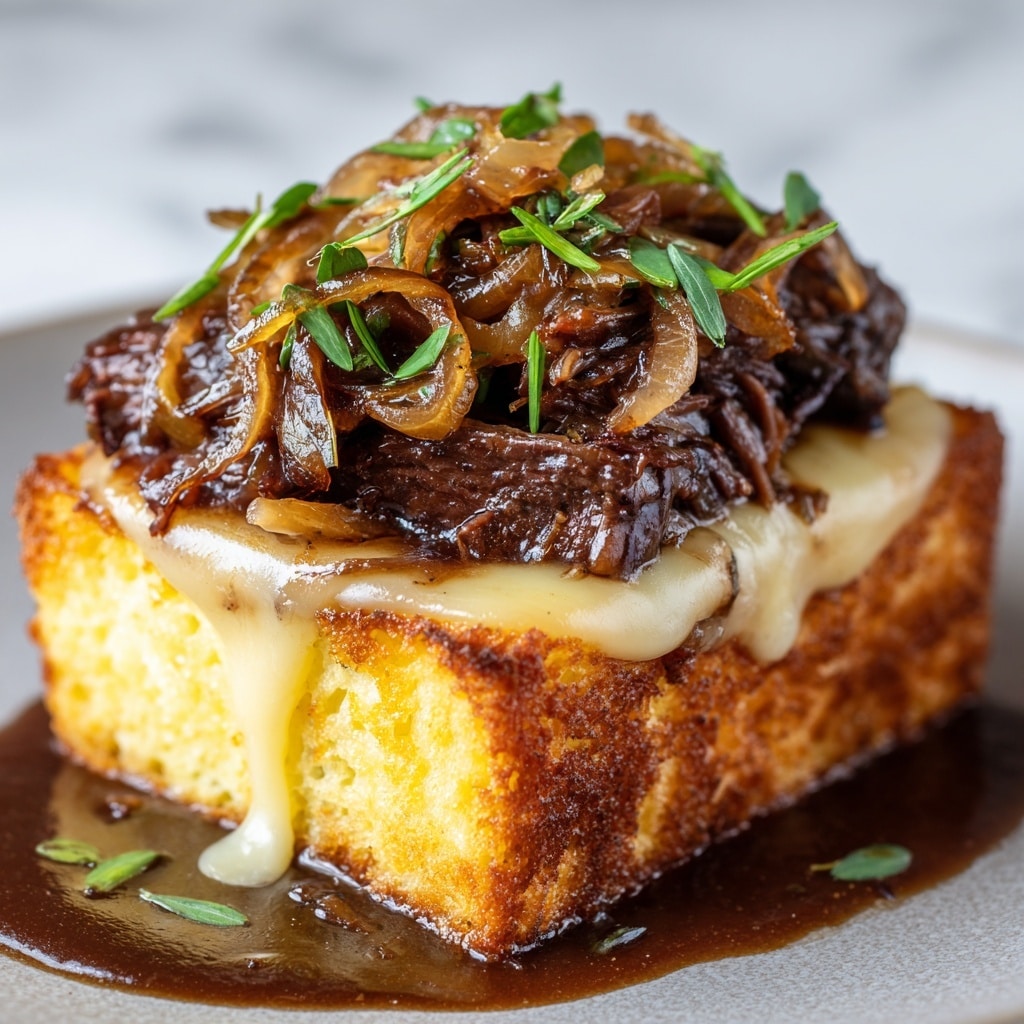 A close-up of a dish with one thick slice of golden-brown toasted bread at the bottom, topped with a layer of melted pale yellow cheese that softly drips down the sides. On top of the cheese sits a generous portion of dark brown, tender beef with a glossy texture, covered in caramelized onions that are light golden and slightly translucent, mixed with small green herb leaves scattered beautifully on the top. Around the base, there is a rich, dark brown onion gravy pooling slightly against the bread. The entire dish sits against a white marbled textured surface. photo taken with an iphone --ar 4:5 --v 7