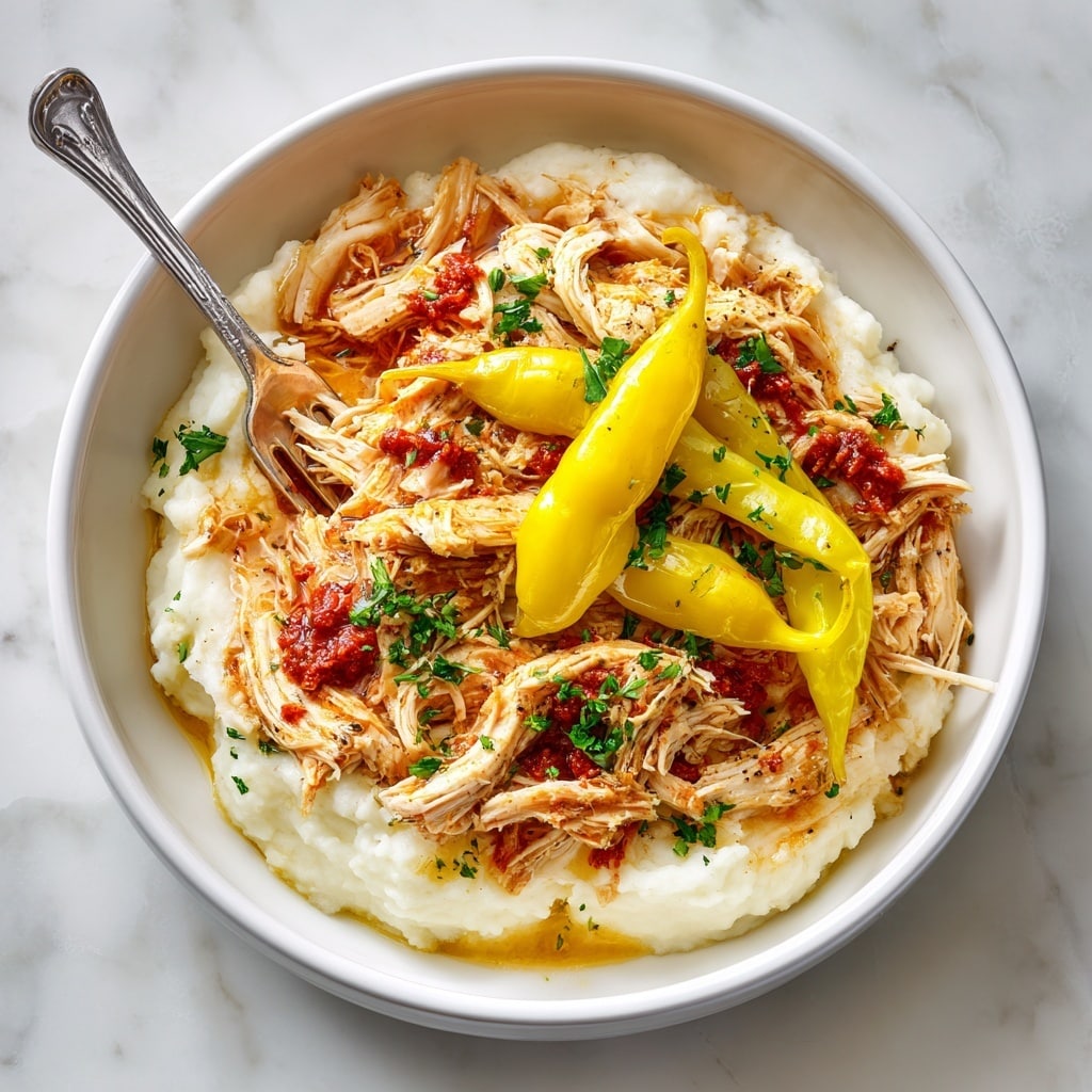 A white bowl holds a layered dish starting with a base layer of fluffy white mashed potatoes, topped with a generous layer of shredded light brown chicken mixed with bits of green parsley scattered on top. Three bright yellow whole pepperoncini peppers are placed on the chicken, with a silver fork stuck into the shredded chicken near one pepper. The bowl sits on a white marbled surface. Photo taken with an iphone --ar 4:5 --v 7